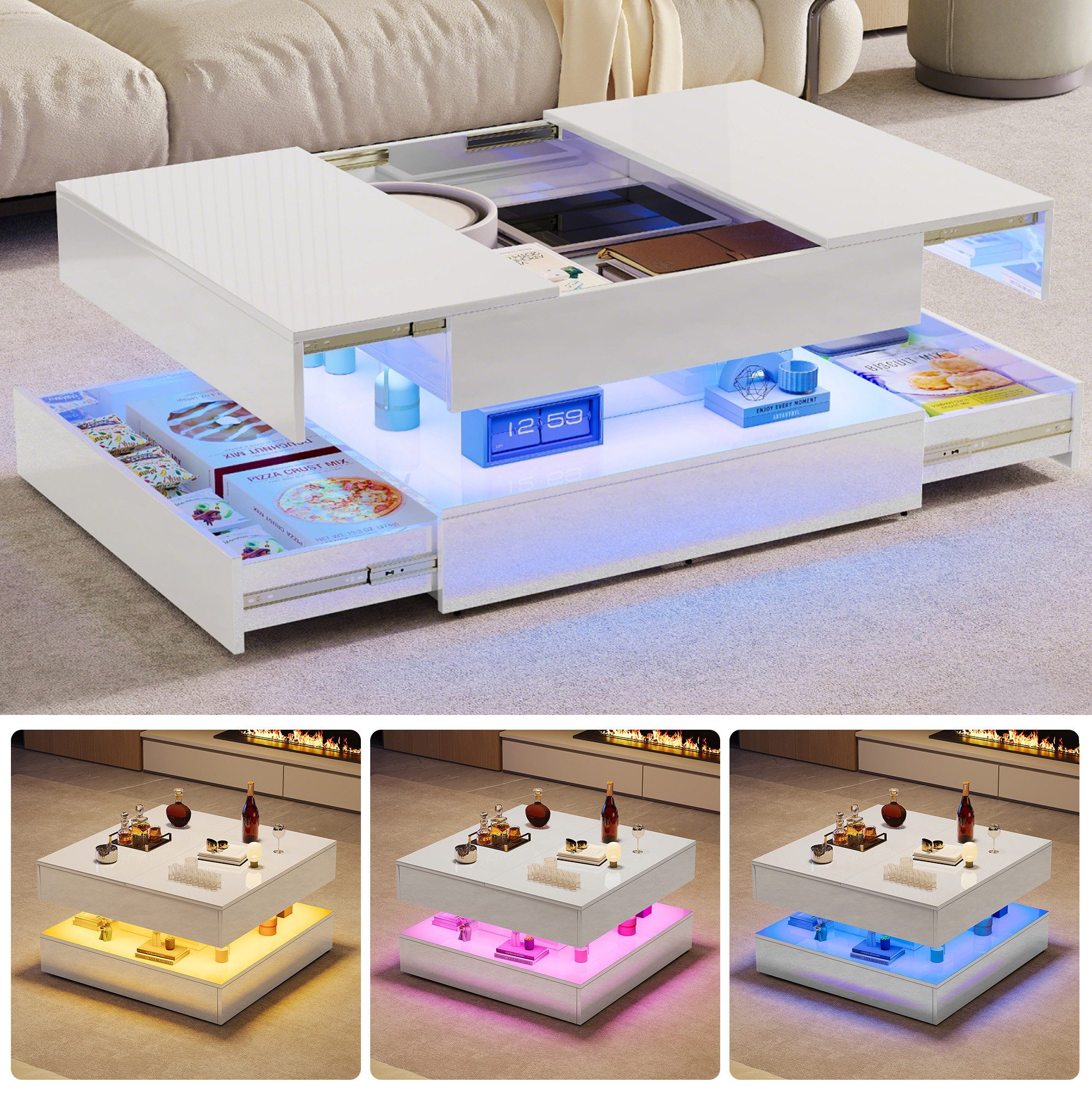 PXloue Couchtisch LED-Couchtisch mit Stauraum und modernem Design (Hochglänzender), Praktischer Tisch mit Schubladen und integrierter Beleuchtung