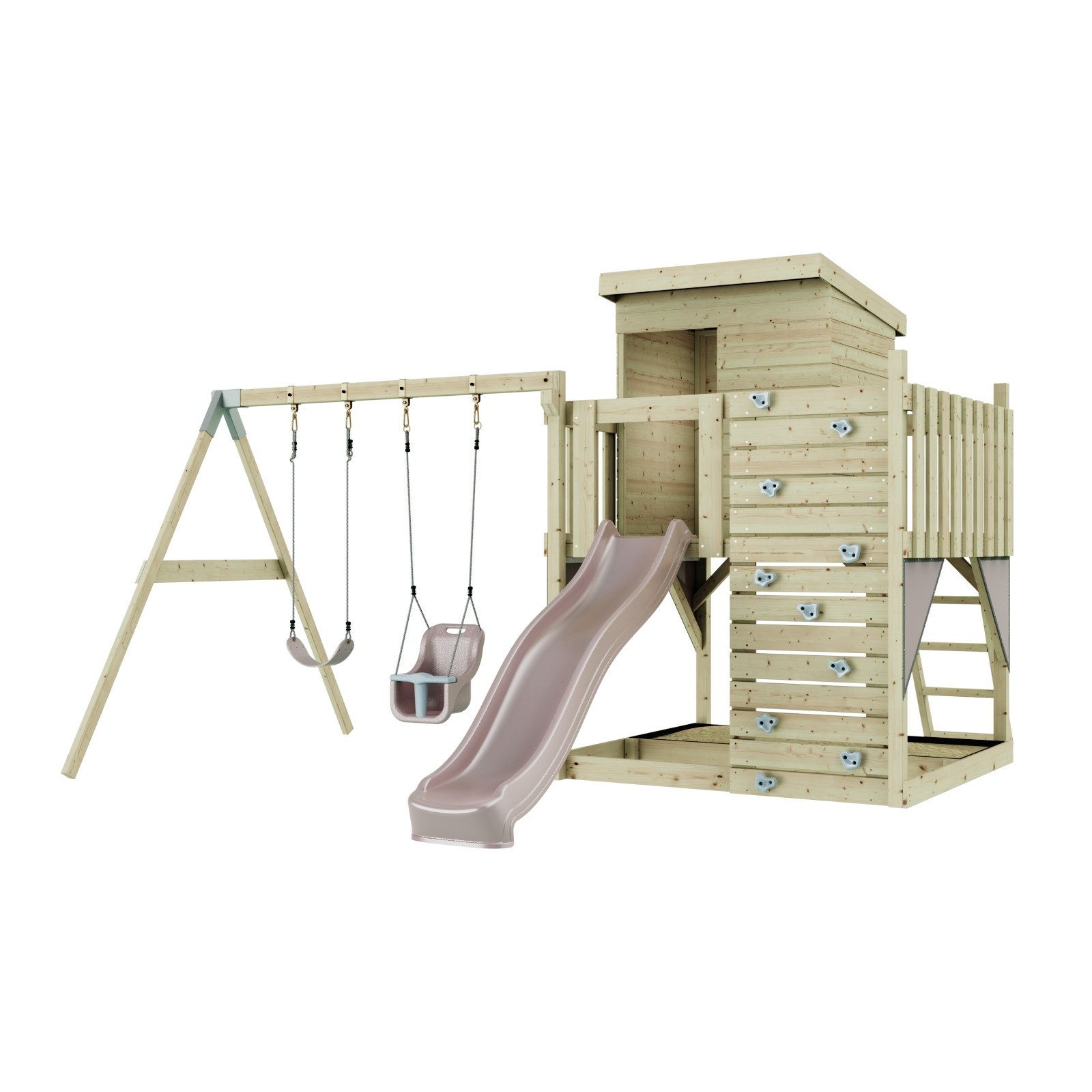OutdoorToys Spielturm Björn, aus Holz in Altrosa mit Babyschaukel & Rutsche, Kletterwand