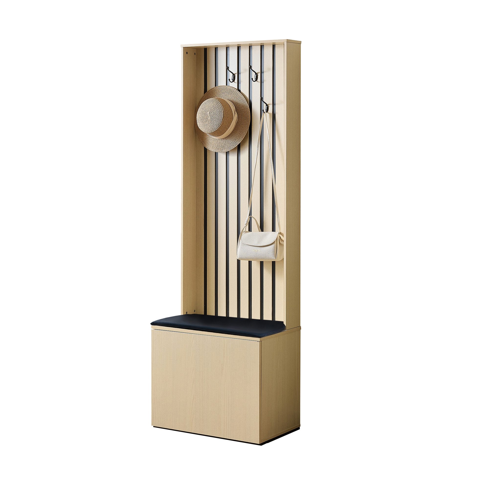 Fine Life Pro Garderobenhalter Garderobenschrank mit Sitzbank, Schuhfächern & 4 Haken, modern, Gepolsterte Sitzfläche, für Flur, Eingang & Schlafzimmer