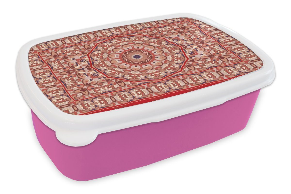 MuchoWow Lunchbox Teppich - Mandala - Muster - Rot, Kunststoff, (2-tlg), Brotbox für Erwachsene, Brotdose Kinder, Snackbox, Mädchen, Kunststoff rosa
