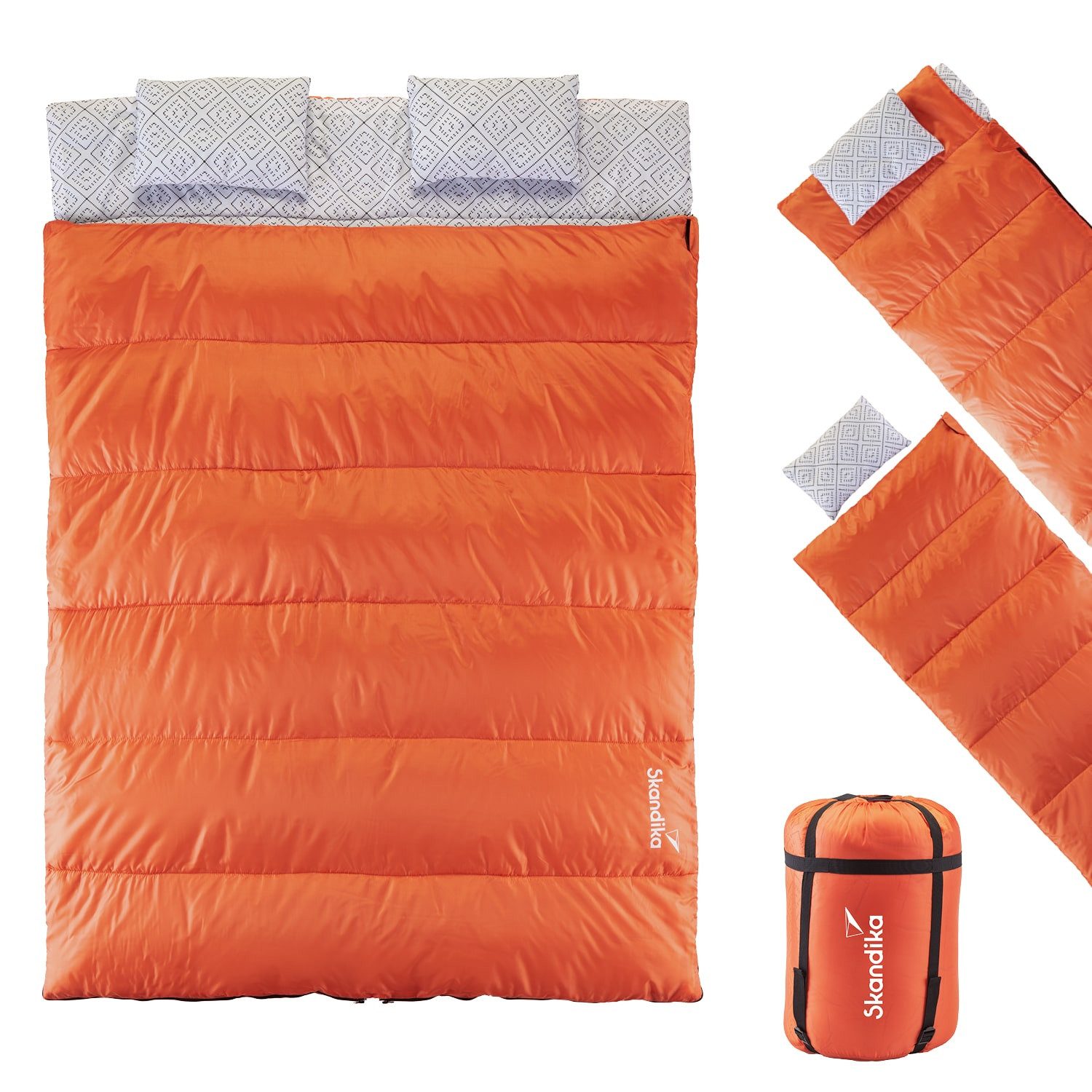 Skandika Schlafsack Iceland Double, 220 x 150 cm, als Einzelschlafsack nutzbar (2-Wege-Reißverschluss mit Kälteschutz, Stoffsteg, Webbandklemmschutz), Baumwolle, Kissen, Deckenschlafsack/Familienschlafsack
