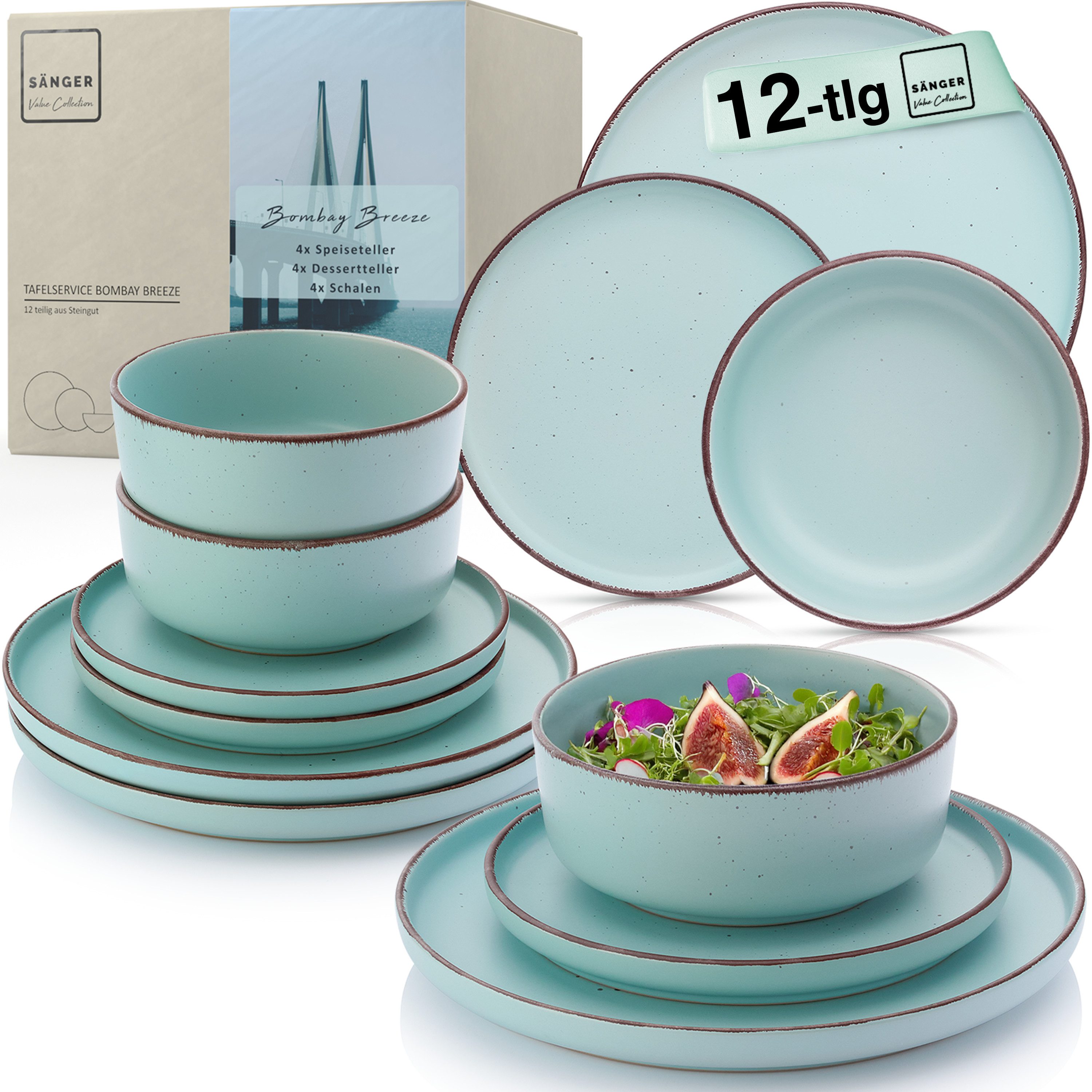 SÄNGER Geschirr-Set Bombay (12-tlg), 4 Personen, Steingut, Bombay Breeze, Handmade, Erweiterbar, VALUE COLLECTION