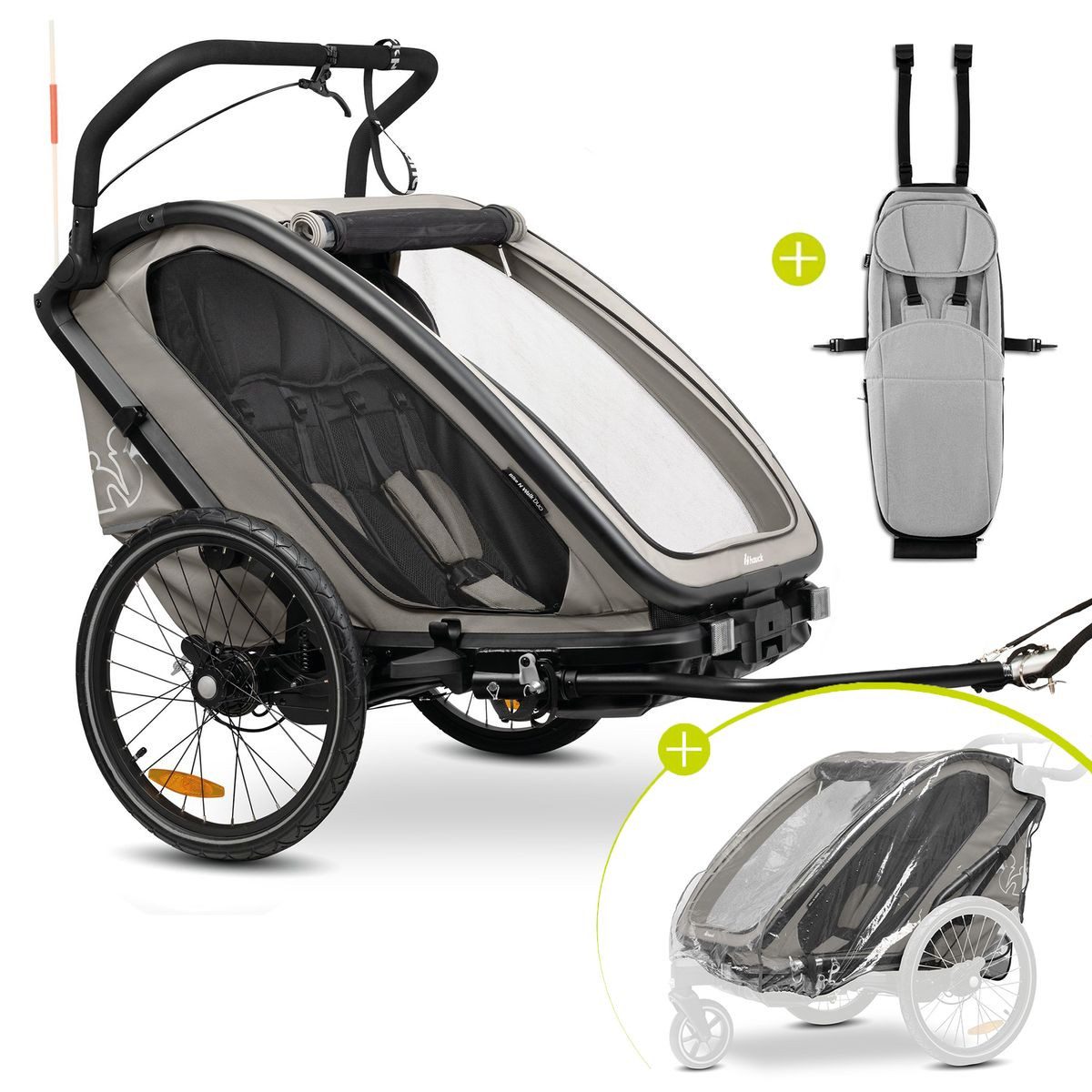 Hauck Fahrradkinderanhänger Bike N Walk Duo - Light Grey, 3in1 Fahrradanhänger Buggy für 2 Kinder inkl. Babysitz & Regenschutz