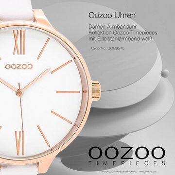 OOZOO Quarzuhr Oozoo Damen Armbanduhr weiß Analog, (Analoguhr), Damenuhr rund, groß (ca. 45mm) Edelstahlarmband, Fashion-Style