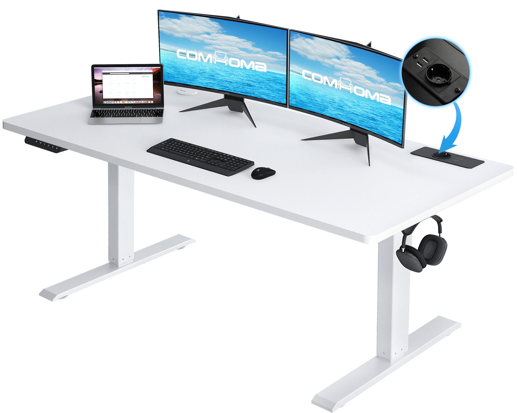 COMHOMA Schreibtisch Höhenverstellbarer Schreibtisch 140x60 cm mit USB-Buchse und Haken (1 Tisch), Verstellbarer Computertisch, Stehpult Stehschreibtisch