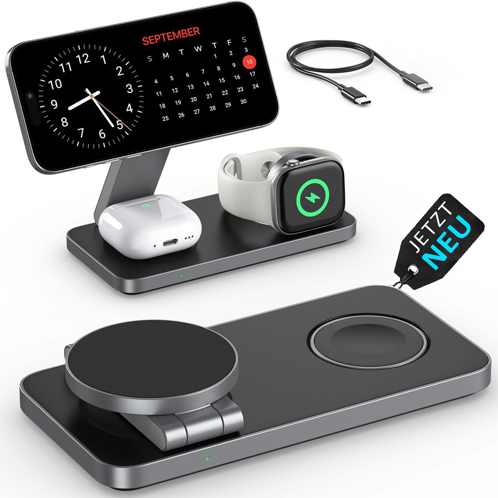 GreenHec Ladestation Apple Watch iPhone 3in1 MagSafe Ladegerät Wireless Charger Wireless Charger (3000 mA, Spar-Set, 3in1 PowerBase + USB-C Kabel + 20w Ladegerät, 16 15 14 13 12 Plus Pro Max Charging Station Induktionsladegerät)