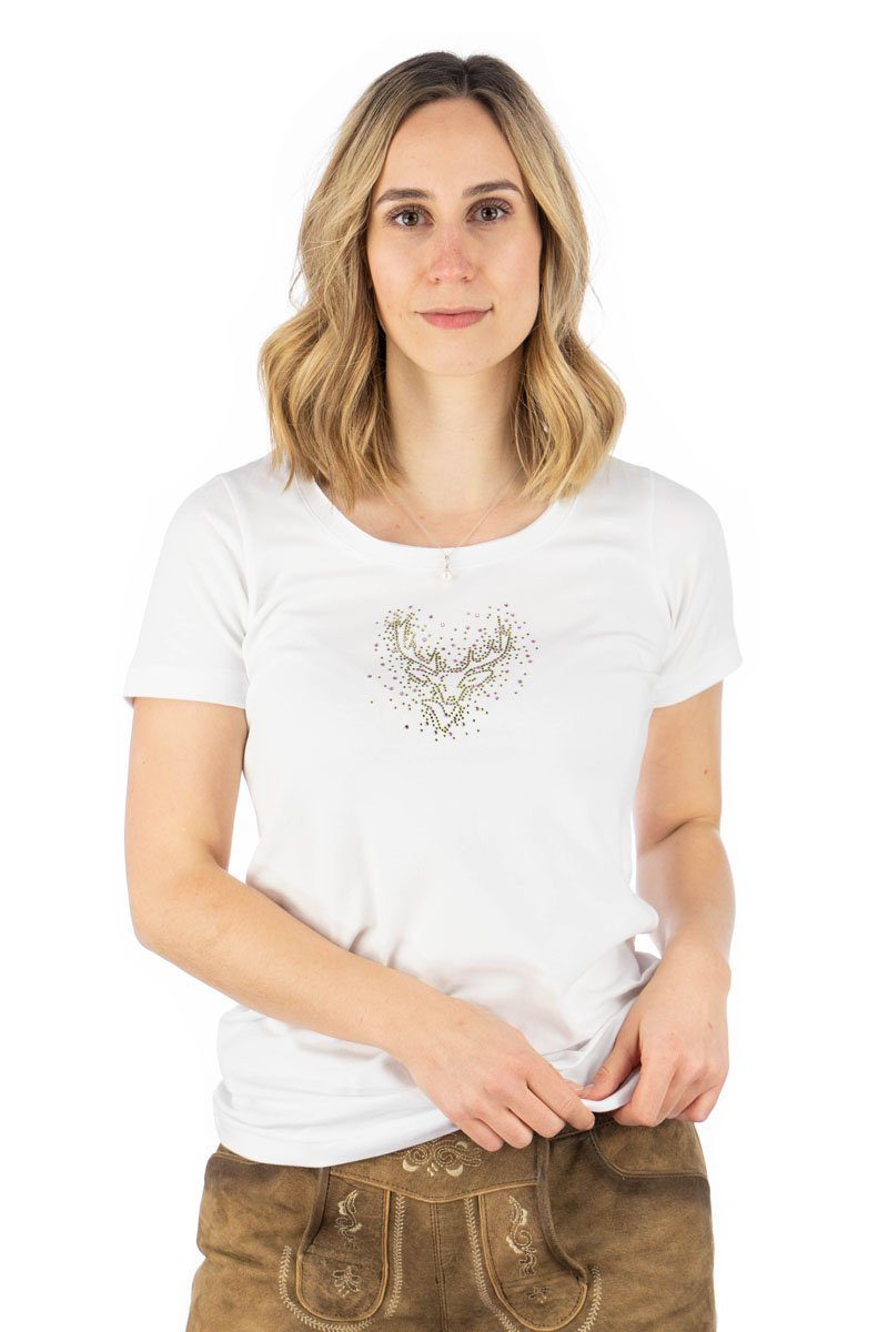 OS Trachten Trachtenshirt Wimporo Kurzarm T-Shirt mit Strass-Hirsch auf der Brust