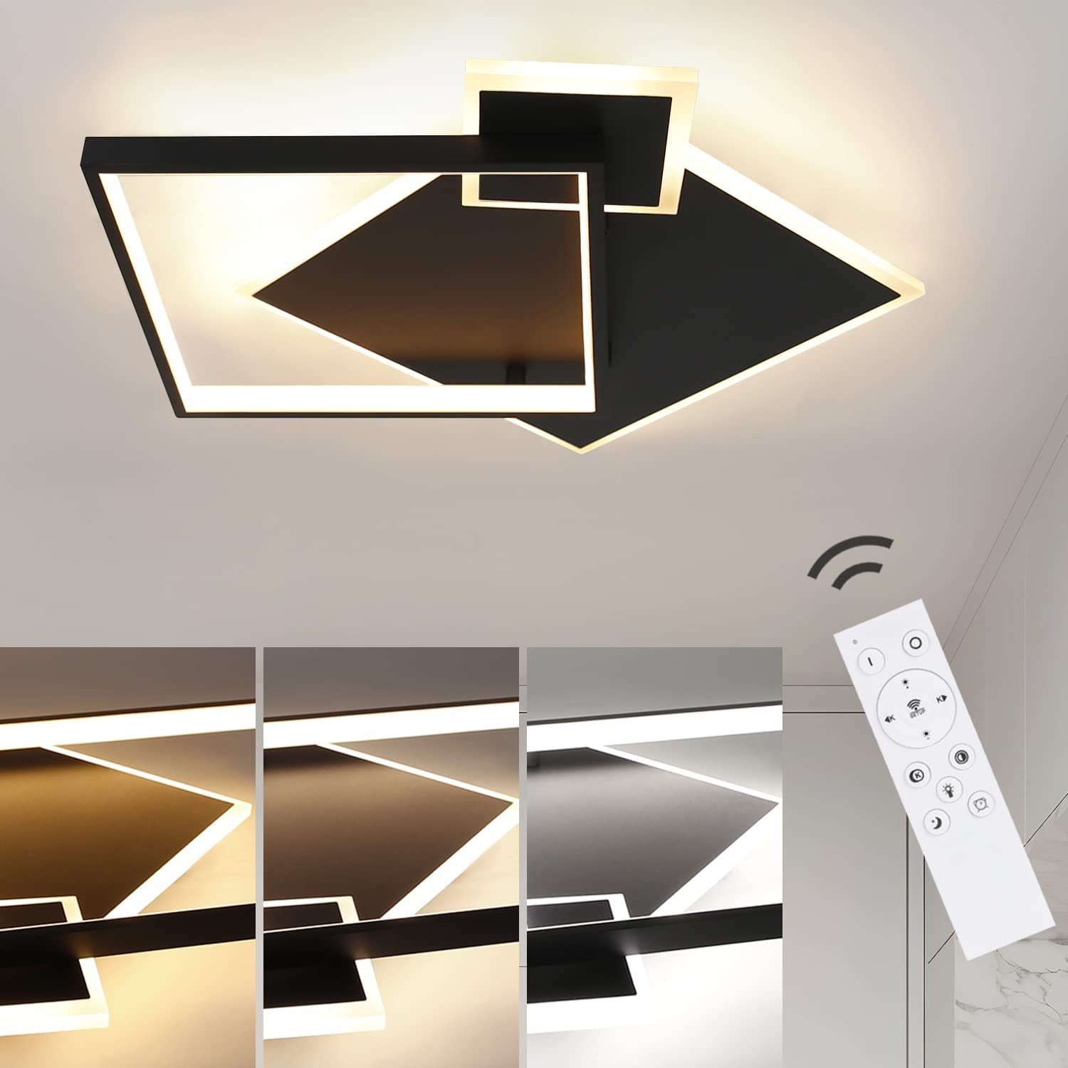 Wohnzimmer LED Schwarz mit Küche Metall Dimmbar 50W Deckenleuchte Jugendzimmer fest Modern, Neutralweiß Warmweiß, Schlafzimmer Nettlife Esszimmer Kaltweiß integriert, Fernbedienung