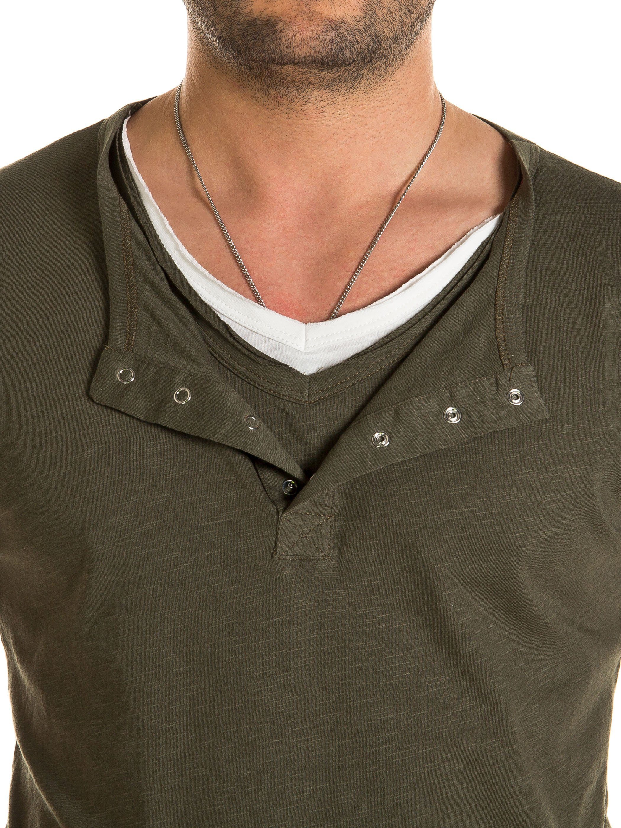190511) Double V-Neck Layer T-Shirt V-Neck T-Shirt (Packung) Layer (grape Double Grau Pete leaf WOTEGA Pete T-Shirt