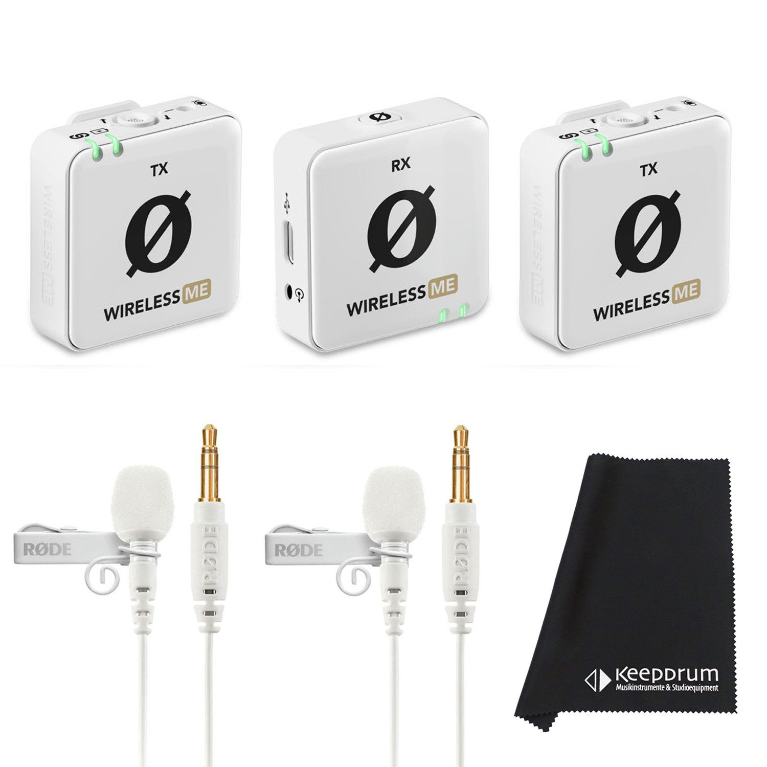 RØDE Rode Wireless ME Dual Weiss mit 2x Lavalier GO Weiss und Tuch Digitales Aufnahmegerät (2,4 GHz)