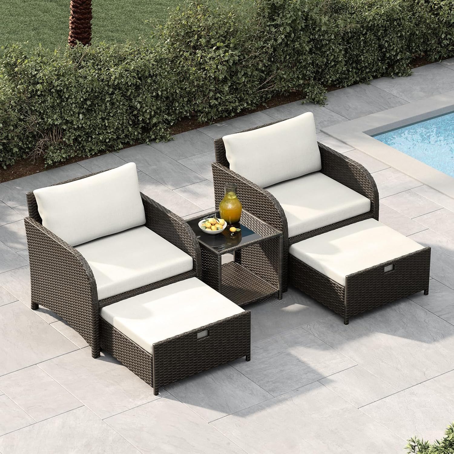 GarveeMore Gartenlounge-Set Terrassenmöbel mit Tisch,5 teilig Rattan Balkonmöbel Kleiner Balkon, Gartenmöbel Set Balkonset 2 Rattansessel mit Hocker,Outdoor Sitzgruppe
