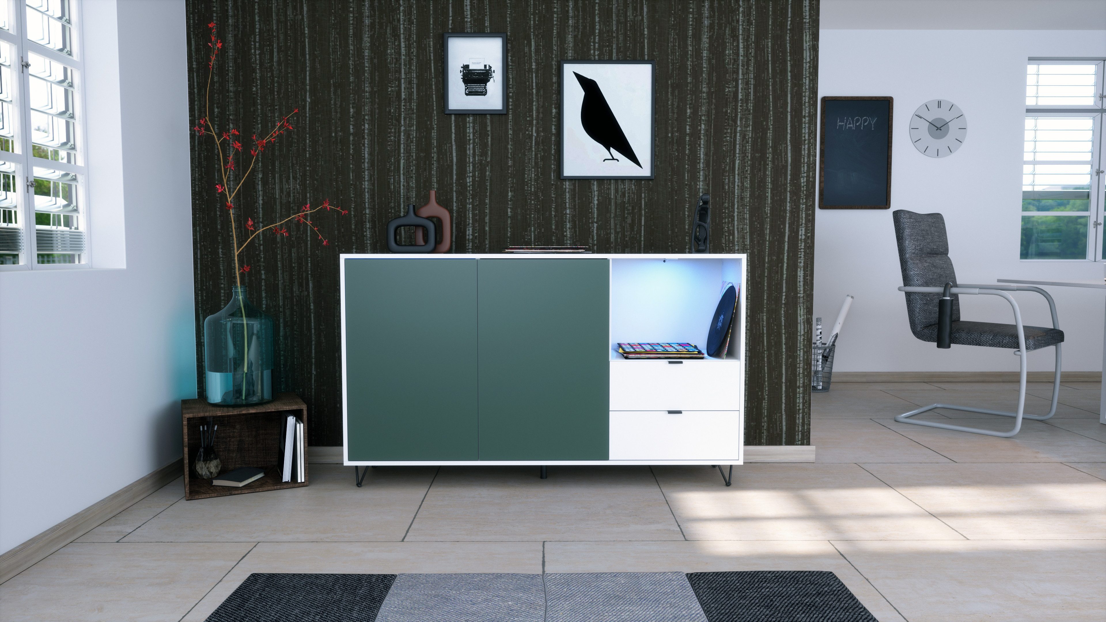 Vladon Sideboard Marino (Kommode mit 2 Türen Fjord Grün, 2 Schubladen Weiß matt, inkl. LED, Made in Germany), Korpus Weiß matt (152,5 x 90,5 x 37 cm)