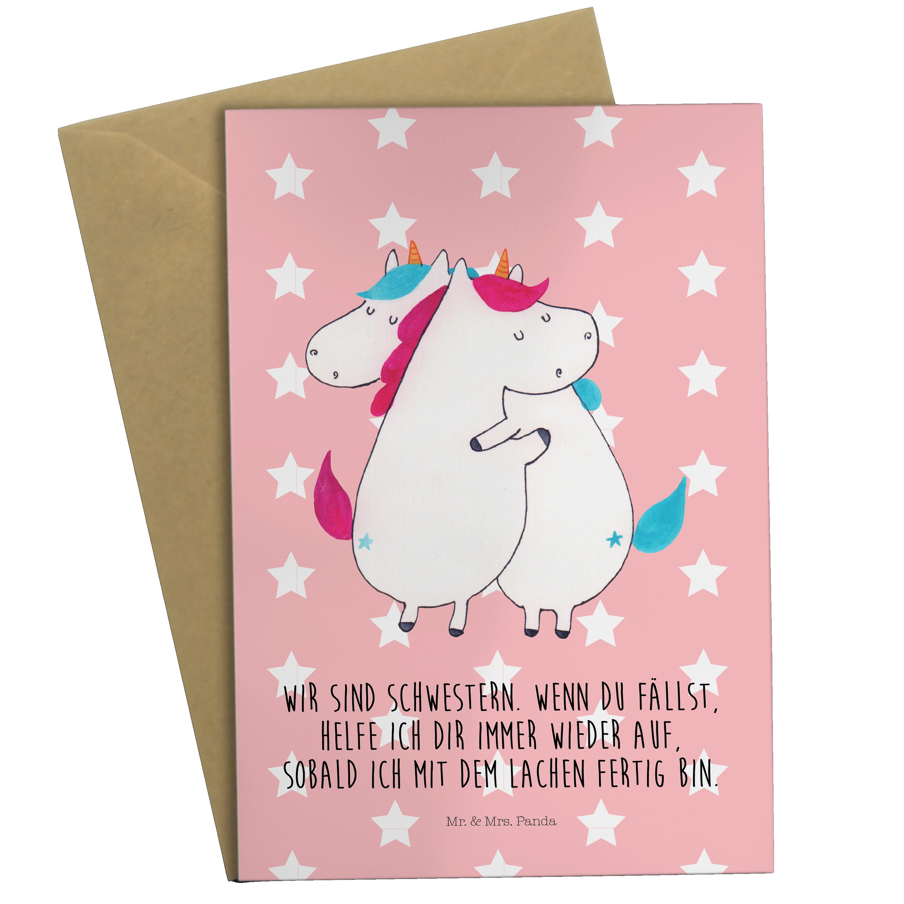 Mr. & Mrs. Panda Grußkarte Einhörner Umarmen - Rot Pastell - Geschenk, Hochzeitskarte, Pegasus