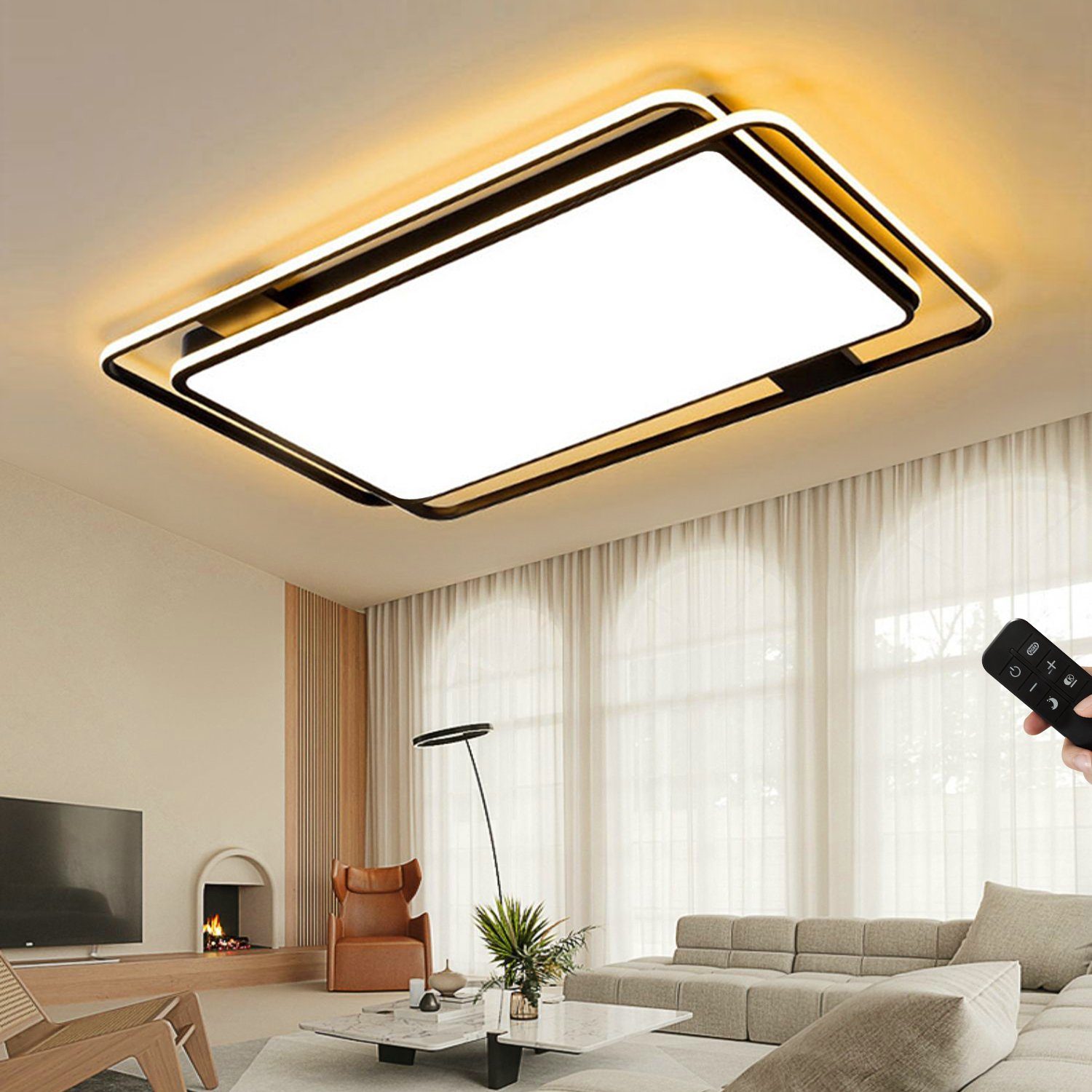 JDONG LED 90W Deckenlampe LED Modern-Design dimmbar fest Deckenleuchte mit Metall integriert, Fernbedienung Wohnzimmerlampe Rechteckig, Schwarz