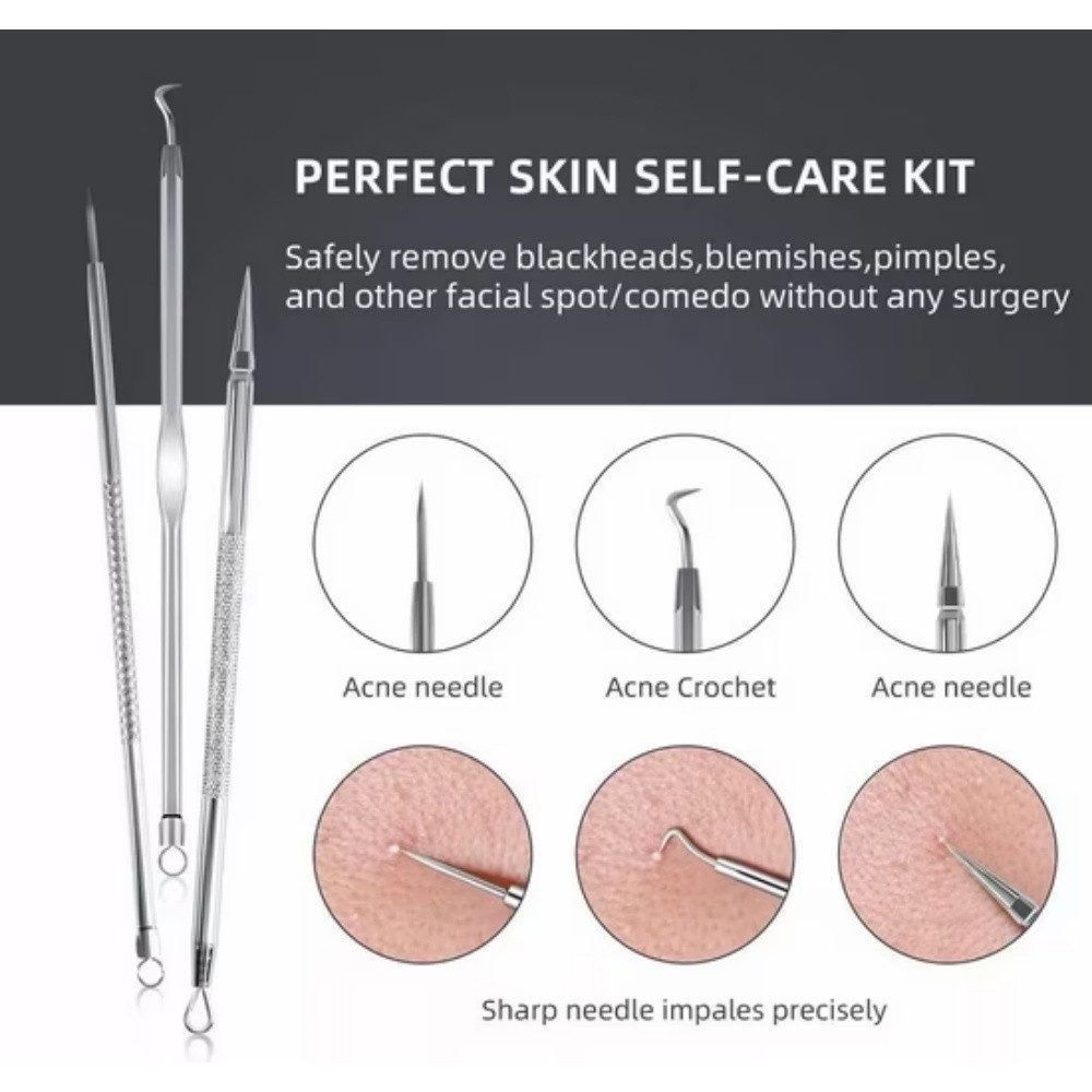 POPOLIC Pickelnadel Pickelnadel Akne-Nadel-Set gebogene Mitesserentferner 15-teiliges, 1-tlg., 15-in-1-Profi-Kit, Professioneller Gesichts-Mitesserentferner aus Edelstahl