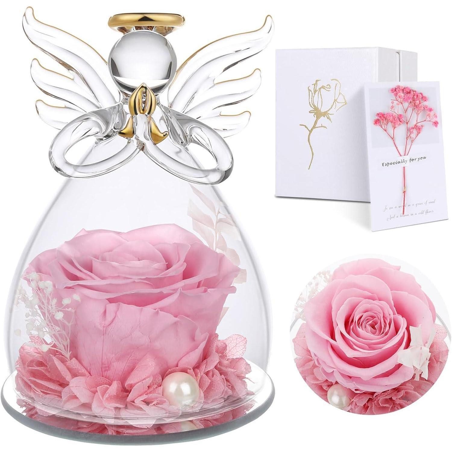 Trockenblume Rose Engel Glaskuppel konserviert Blumen Geschenk Mama Engel-rosa, LuxusKollektion