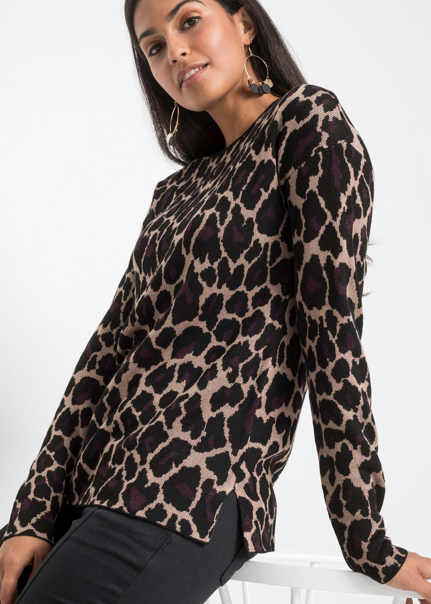 bonprix Strickpullover Jacquard-Strick, mit Viskose-Anteil, Langarm, Loose Fit