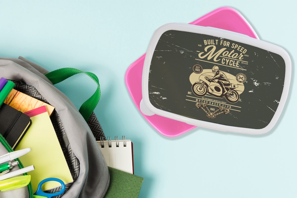 für MuchoWow Lunchbox Briefe, (2-tlg), rosa Brotdose Kinder, Kunststoff - Motorrad Snackbox, - Mädchen, Erwachsene, Retro Brotbox Kunststoff,