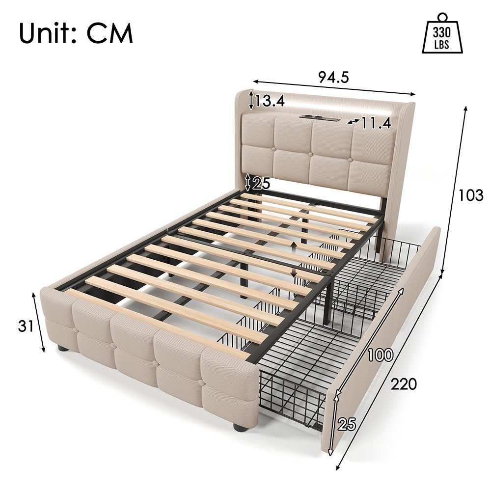 Polsterbett (Stauraumbett mit Lattenrost und Matratze), Einzelbett 90x200cm mit LED-Beleuchtung, Ladefunktion und 2 Schubladen