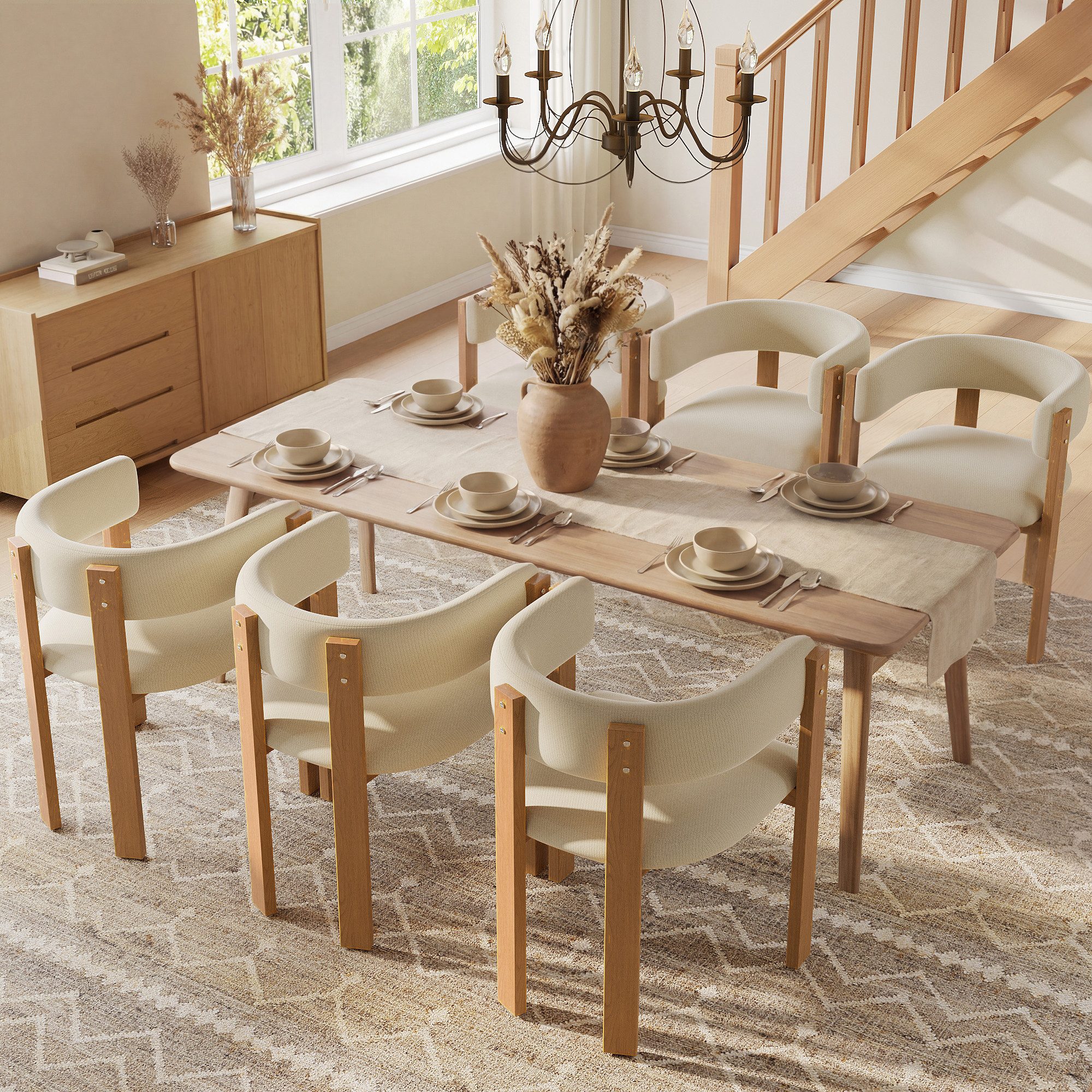 Flieks Esszimmerstuhl Gestell aus Eisen in Holzoptik Natur, Bezug aus Flanellstoff (Set, 6 St), 6er Set Polsterstühle Armlehnstühle Wohnzimmerstuhl Beige