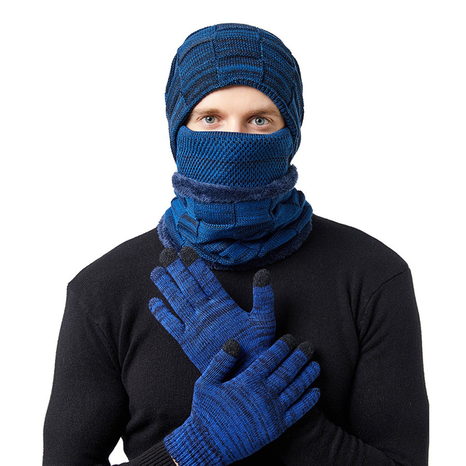 Rutaqian Mütze & Schal Winter Beanie Hut, Schal, Handschuhe 4 in 1 Warmes Zubehör Kit 4 in 1 Hut, Schal, Gesichtsabdeckung, 1 Paar Touchscreen Handschuhe Blau