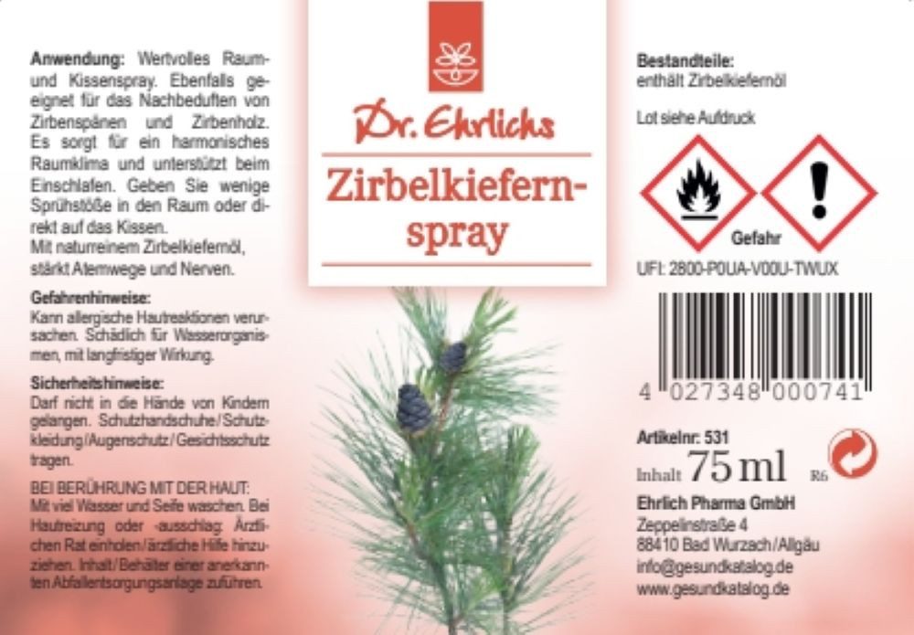Dr. Ehrlichs Gesundkatalog. Raumduft Dr. Ehrlichs Zirbelkiefernspray 75 ml – Raum- & Kissenspray, für Raum und Kissen, zur Beduftung von Zirbenspänen und Zirbenholz