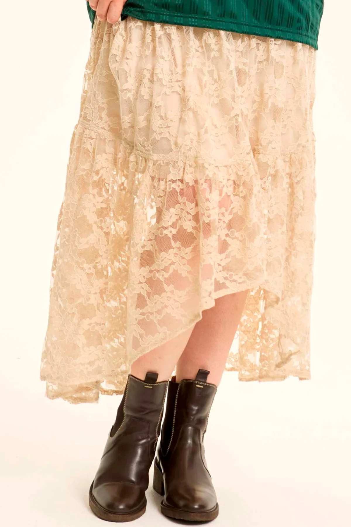 Anyday Volantrock Romantischer Mesh‑Rock mit Spitze & asymmetrischem Saum Elastikbund