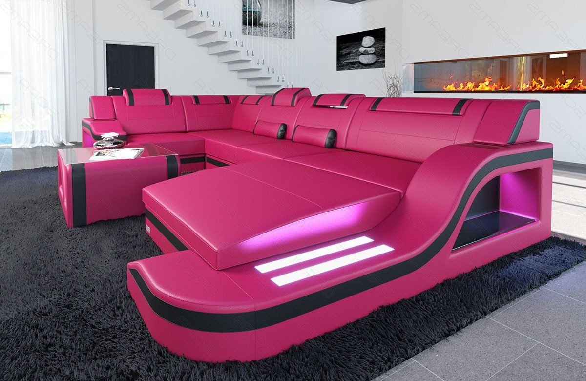 Sofa Dreams Wohnlandschaft Ledersofa Palermo U Form Mini, Designersofa Couch, mit LED Licht und USB Anschluss