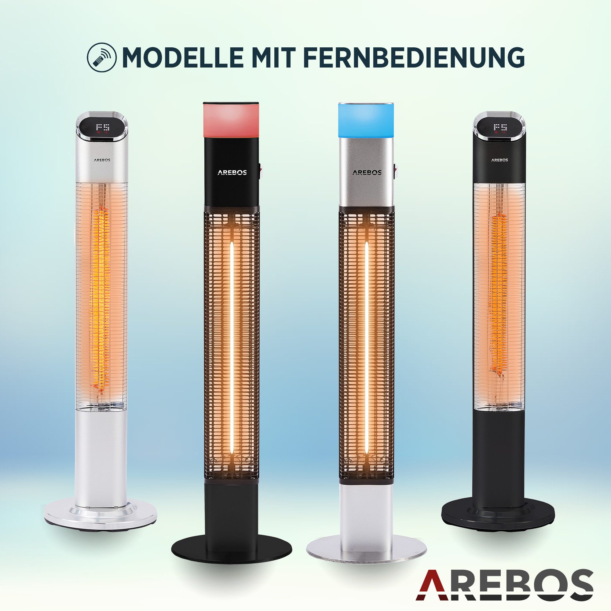 Arebos Heizstrahler 1500 Watt Stand, inkl.16 Farben, LED-Licht mit Fernbedienung, integrierte Kipp-Abschalter, LED, Low-Glare-Technik