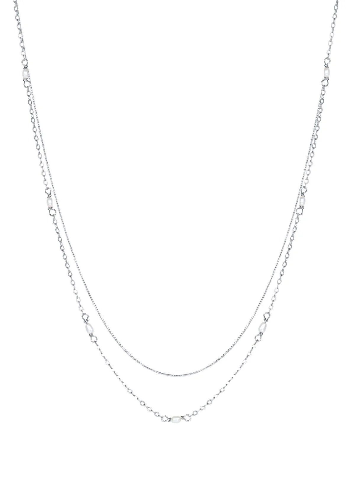 Hey Happiness Collier-Set 2er Layer Ketten Perlen weiß, Vergoldet 18K, Ketten Set Damen Silber 925 2-tlg., Brautschmuck