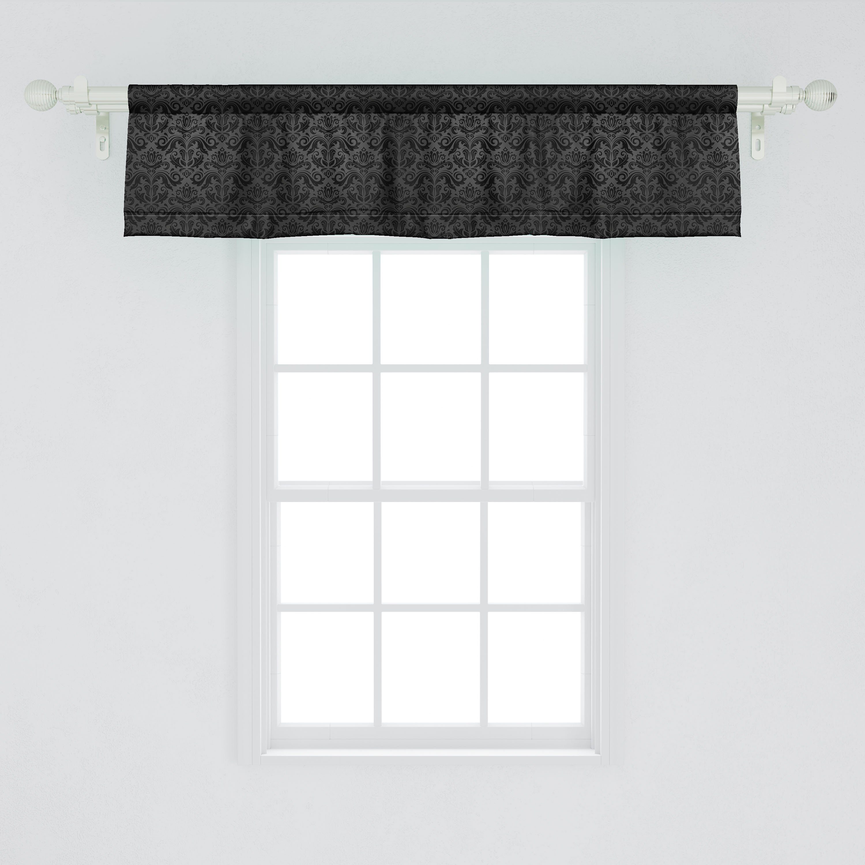 Volant Scheibengardine Abakuhaus, für mit Dunkelgrau Dekor Schwarze Stangentasche, Damast-Blumen Schlafzimmer Küche Microfaser, Vorhang