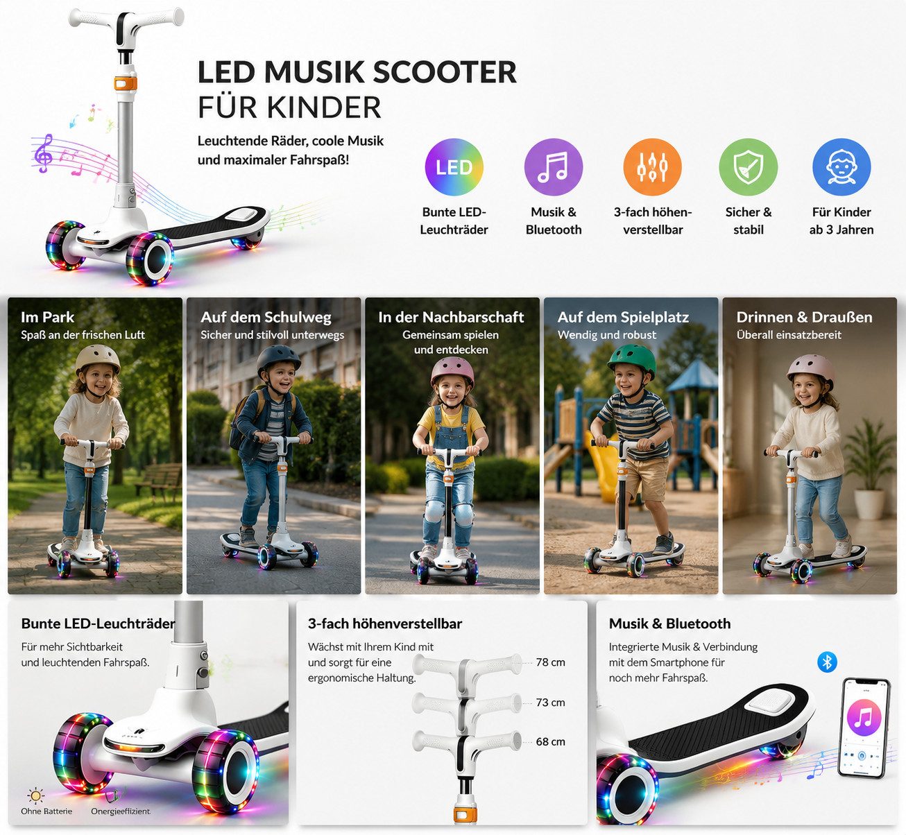 Vornix Cityroller Dreirad Kinder Tretroller ab 3 Jahren,höhenverstellbarer Scooter, mit bunten LED-Leuchträdern & Bluetooth Musik für Drinnen und Draußen – Bild 4 von 5