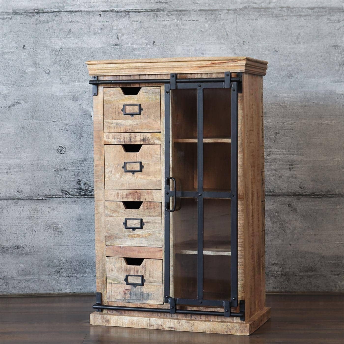 baario Highboard Highboard FINE rustikal, massiv Mangoholz & Eisen Schiebetüre Design Kommode Industrial