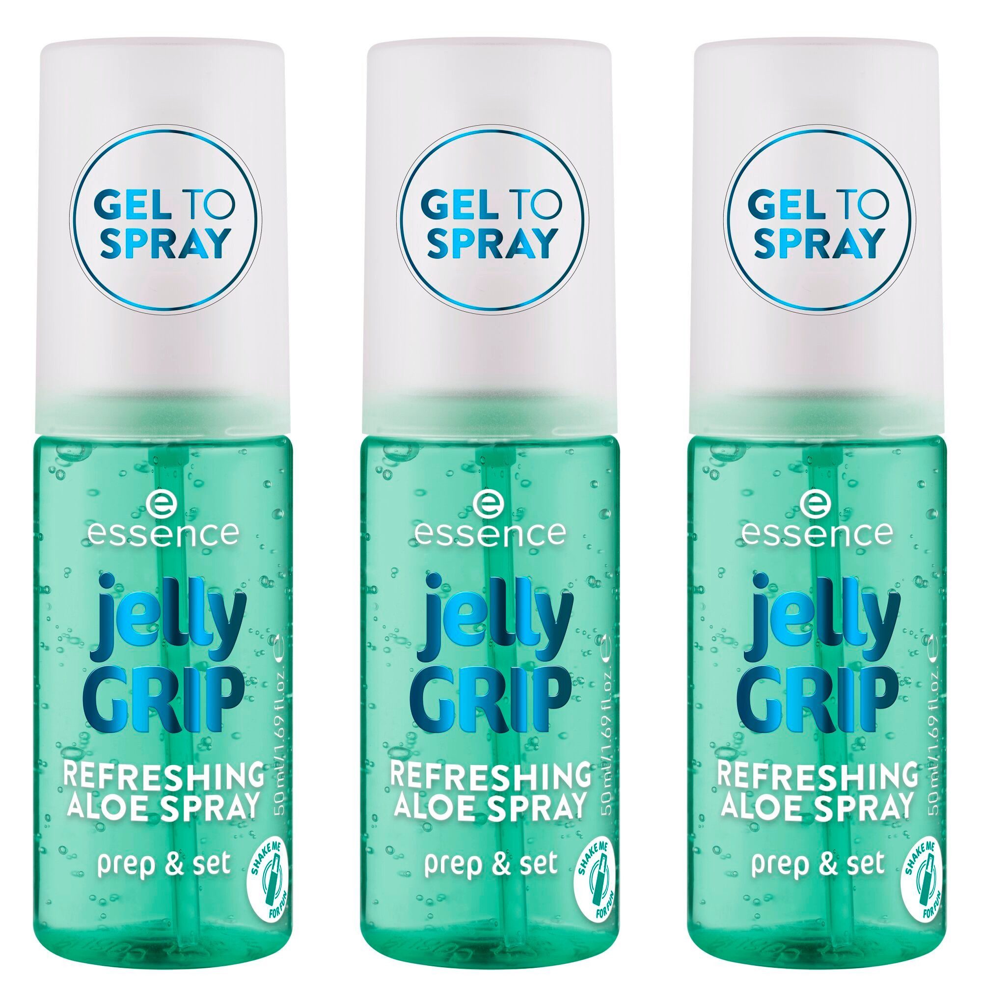 Essence Fixierspray Jelly GRIP REFRESHING ALOE SPRAY, 3-tlg., 3-tlg., Gel-to-Mist-Formel, erfrischend, feuchtigkeitsspendend