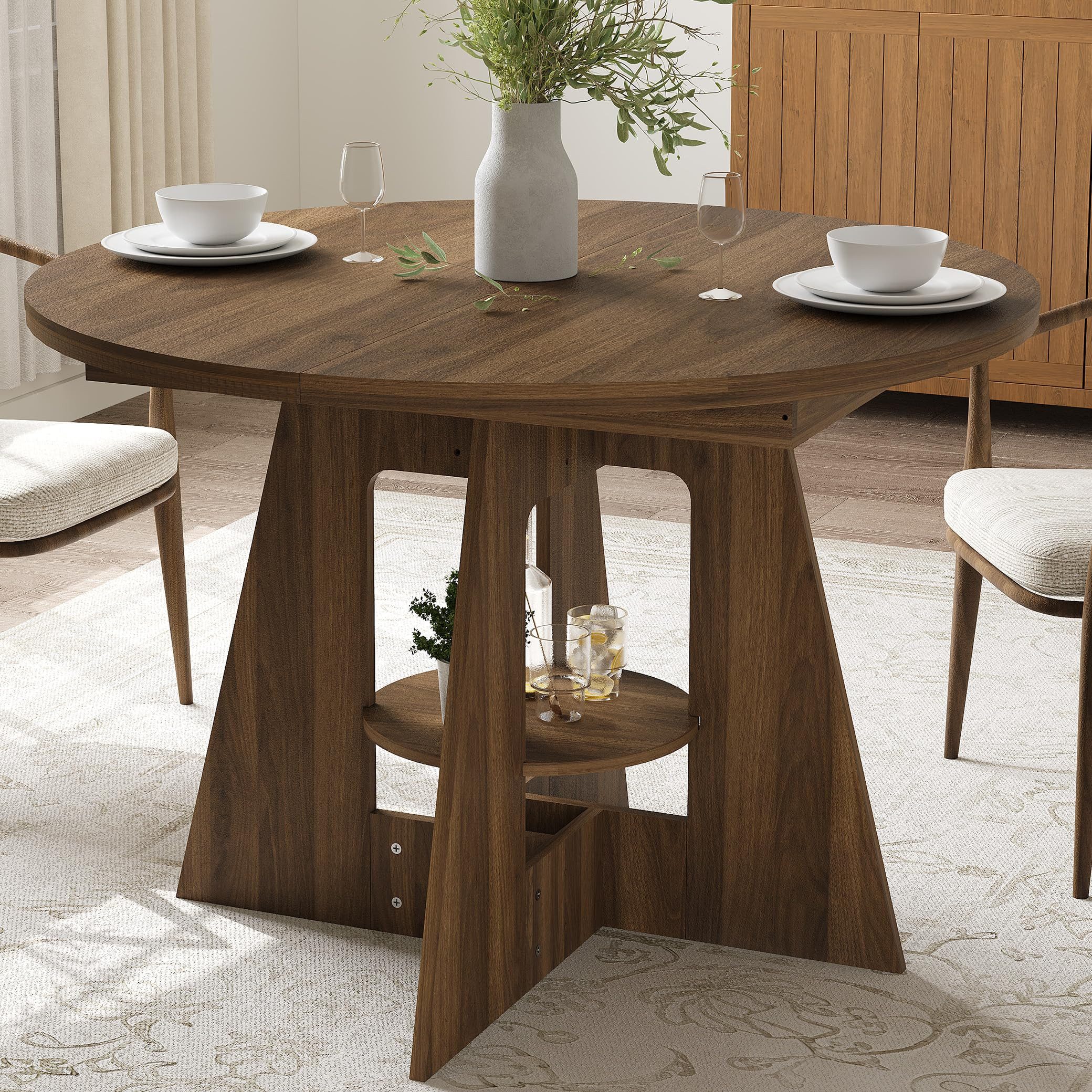 GarveeMore Esstisch Runder Esstisch 110 cm – MDF Holzoptik, Kreuzgestell, Stauraum (1-St., 1 x Esstische), für 4-6 Personen Küchentisch Wohnzimmertisch