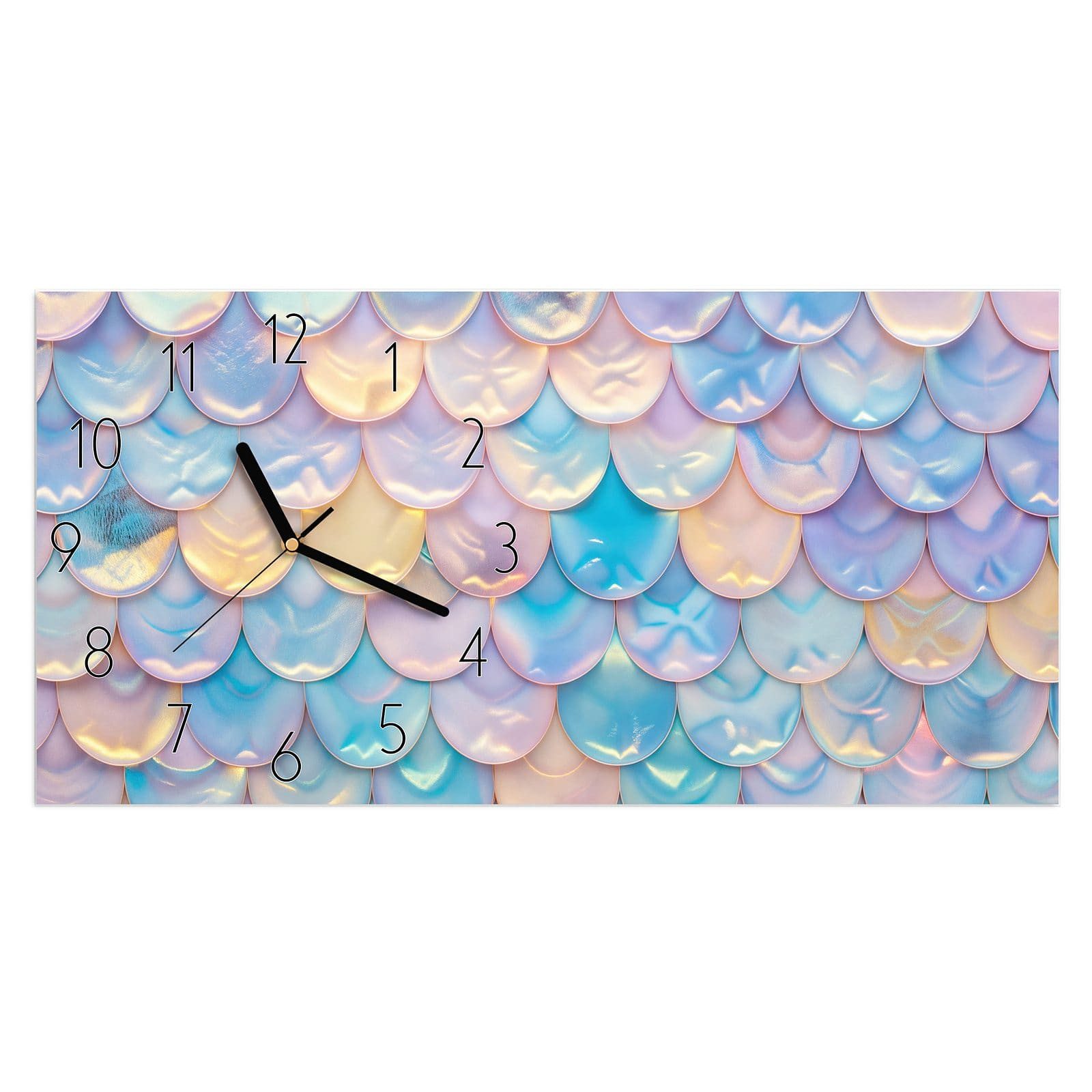 Primedeco Wanduhr Glasuhr Wandkunst Größe 60 x 30 cm mit Motiv Schuppen Mix Pastell