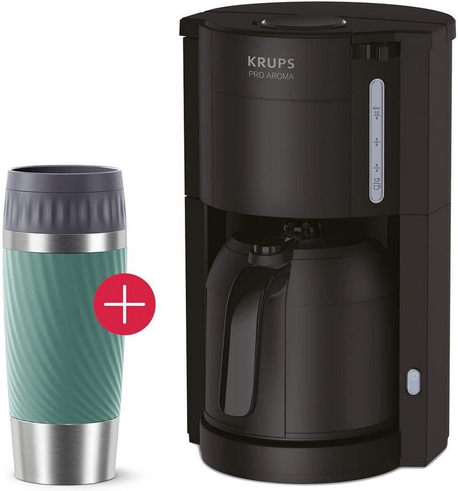 Krups Filterkaffeemaschine KM30, 1l Kaffeekanne, mit Thermo-Kanne + Gürn  Emsa Travel Mug Thermobecher 360ml grün, Kaffeeautomat für 10-15 Tassen  Kaffee, Thermoskanne mit (1)Liter Fassungsvermögen, bis zu 4 Stunden Heiß