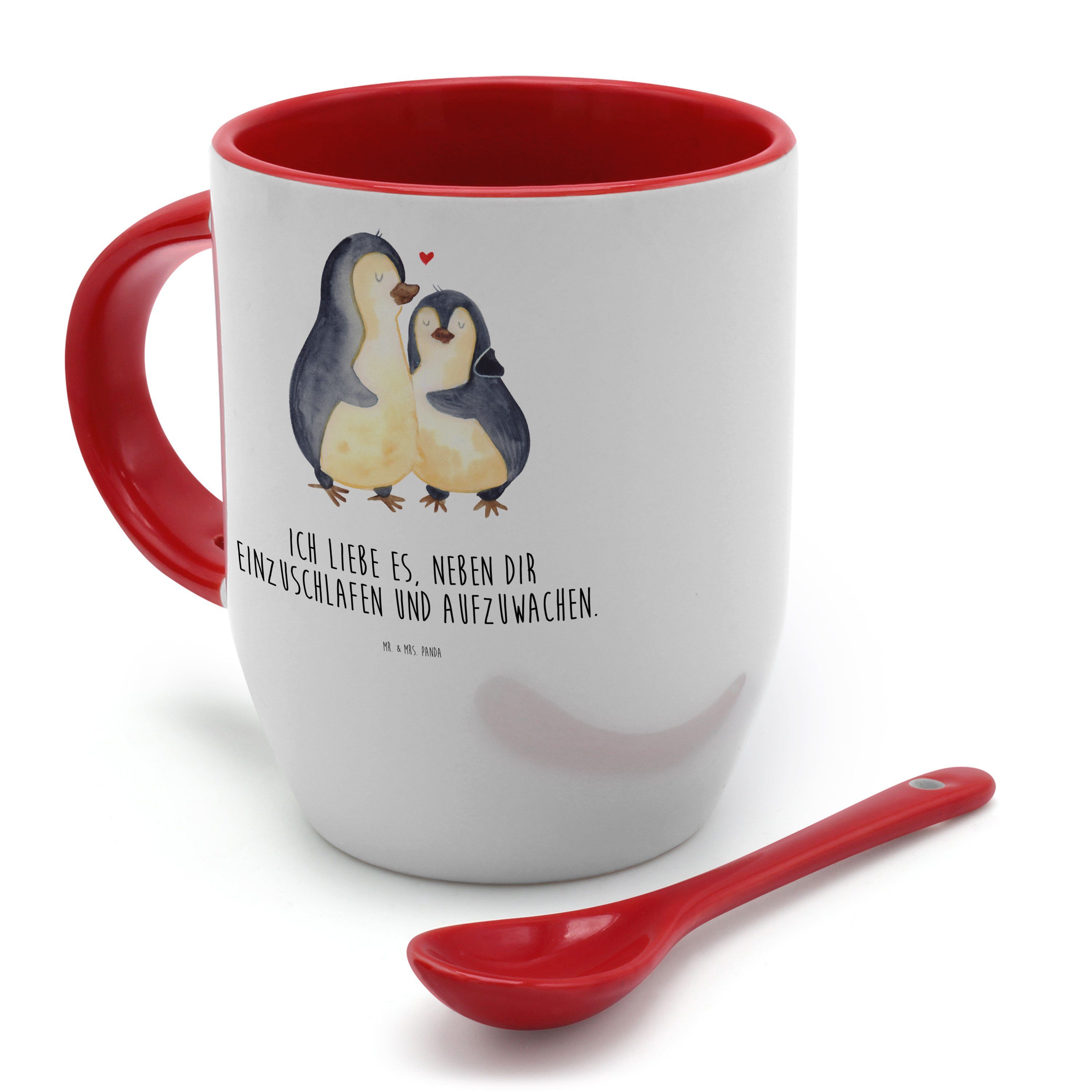Geschenk, Tasse Panda Mrs. & Löffel, Weiß - Mr. Tas, - Pinguine Tasse mit Freund, Keramik Einschlafen