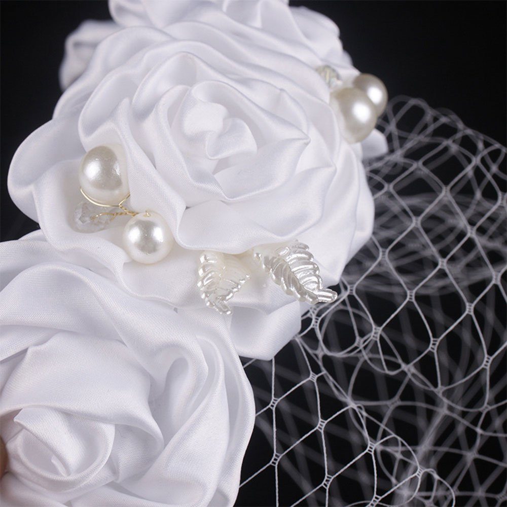 AUzzO~ Diadem Schleier Vintage Perlenhaarband Kopfschmuck Party brautschleier Stück), Hochzeit Rose Weiß Braut (1