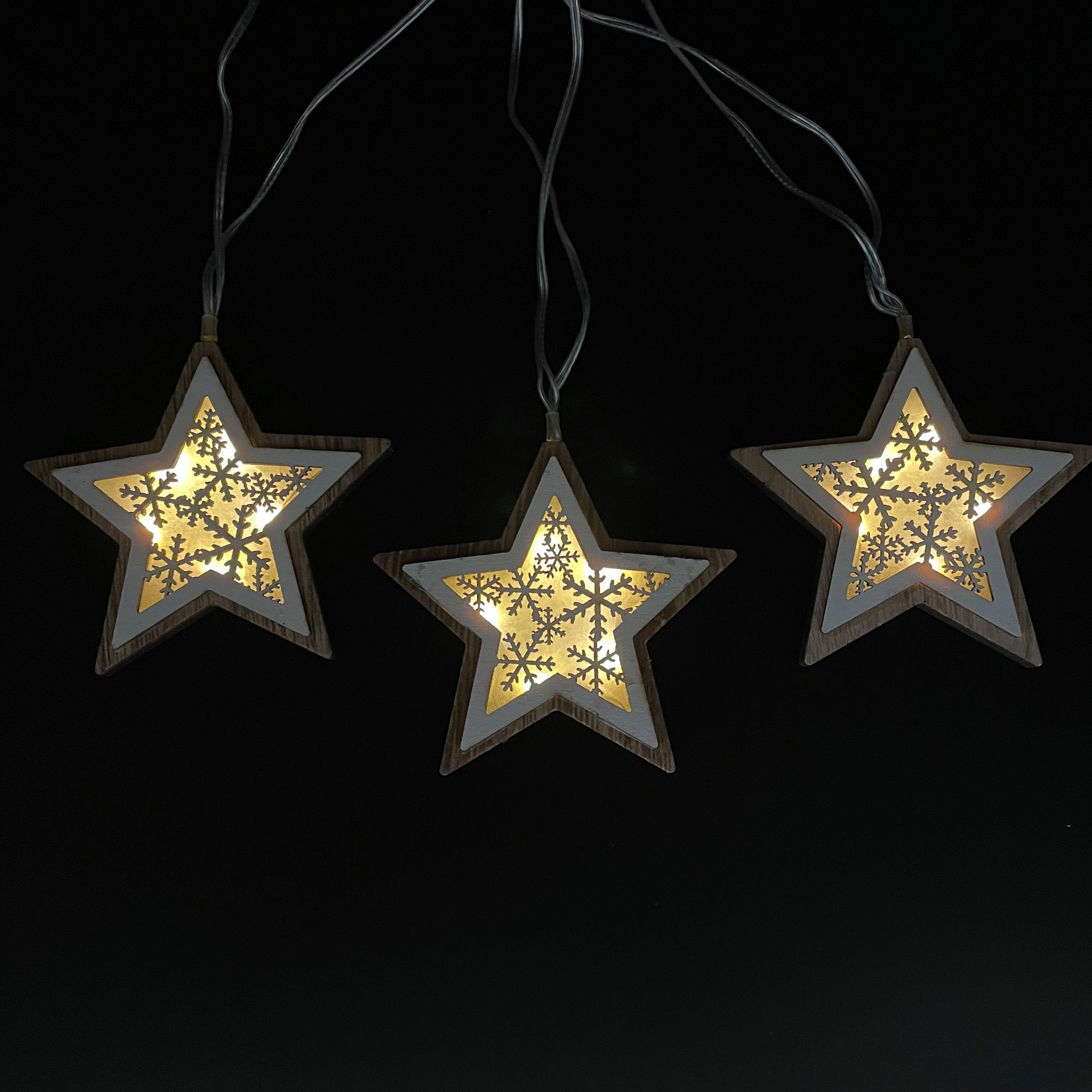 Online-Fuchs LED-Lichterkette mit 10 Sternen aus Holz im  Schneeflocken-Design inkl. Timer, Gesamtlänge 270 cm, 10 Sterne mit je 5  LED's, Abstand ca. 25 cm