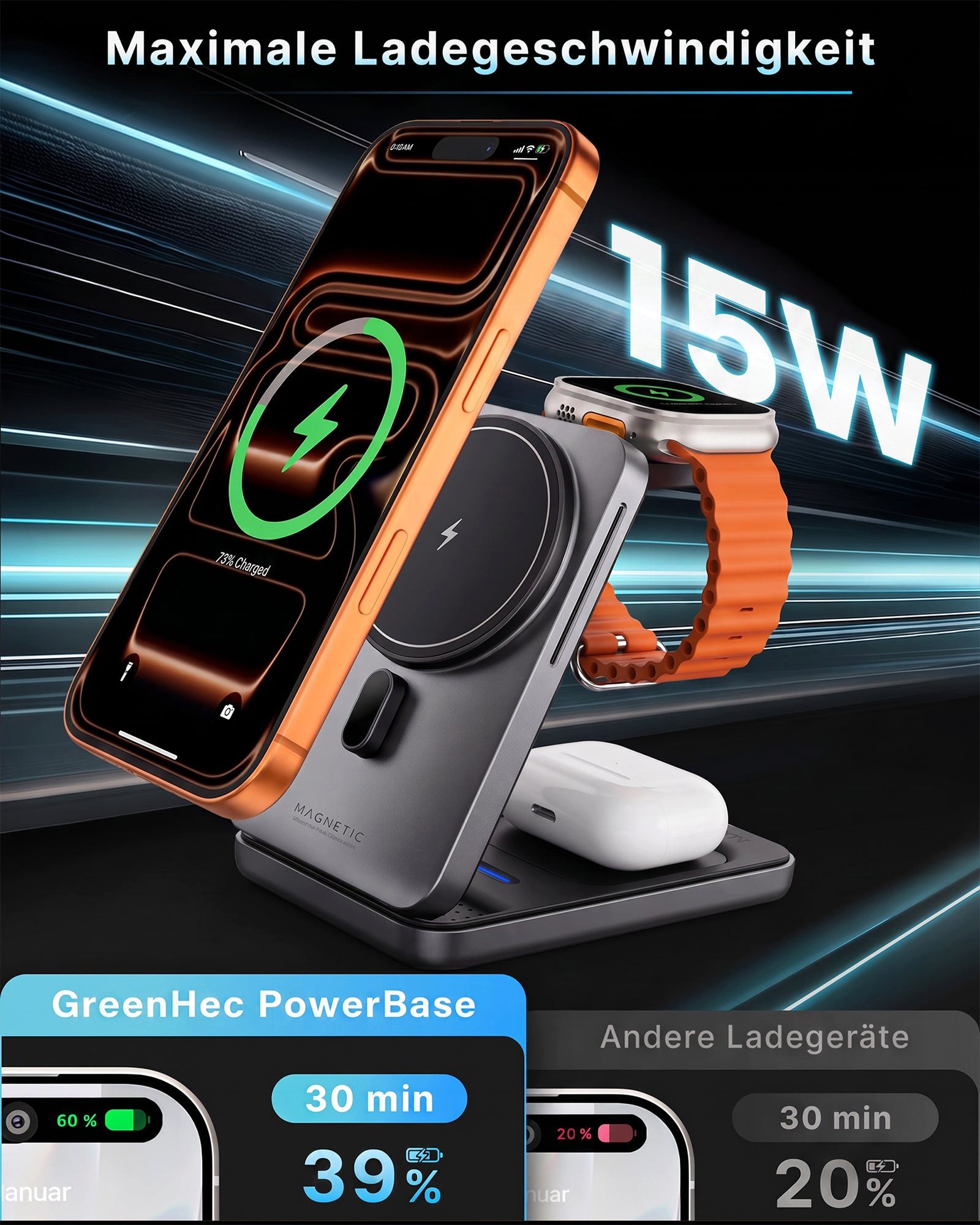 GreenHec Ladestation 3in1 MagSafe iPhone Apple Watch Ladegerät Faltbar Wireless Charger (0 mA, Spar-Set, Wireless Charging Station + Kabel, 15W, Handy Charging  – Bild 2 von 5
