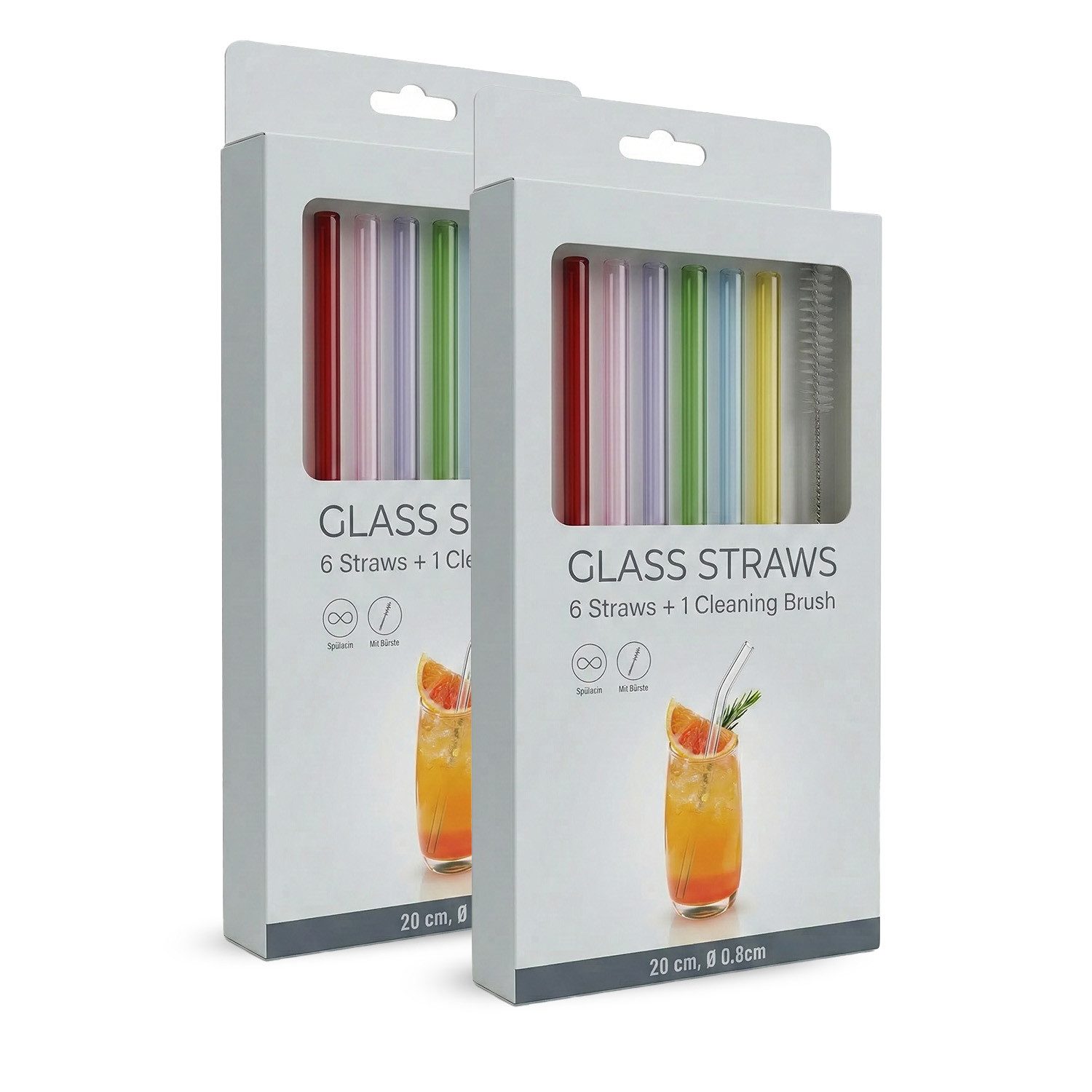 PerloPur Wasserkaraffe 12 Glasstrohhalme bunt (gerade) Strohhalm Glas + 2 Reinigungsbürsten, Strohhalme aus Glas mit zwei Reinigungsbürsten