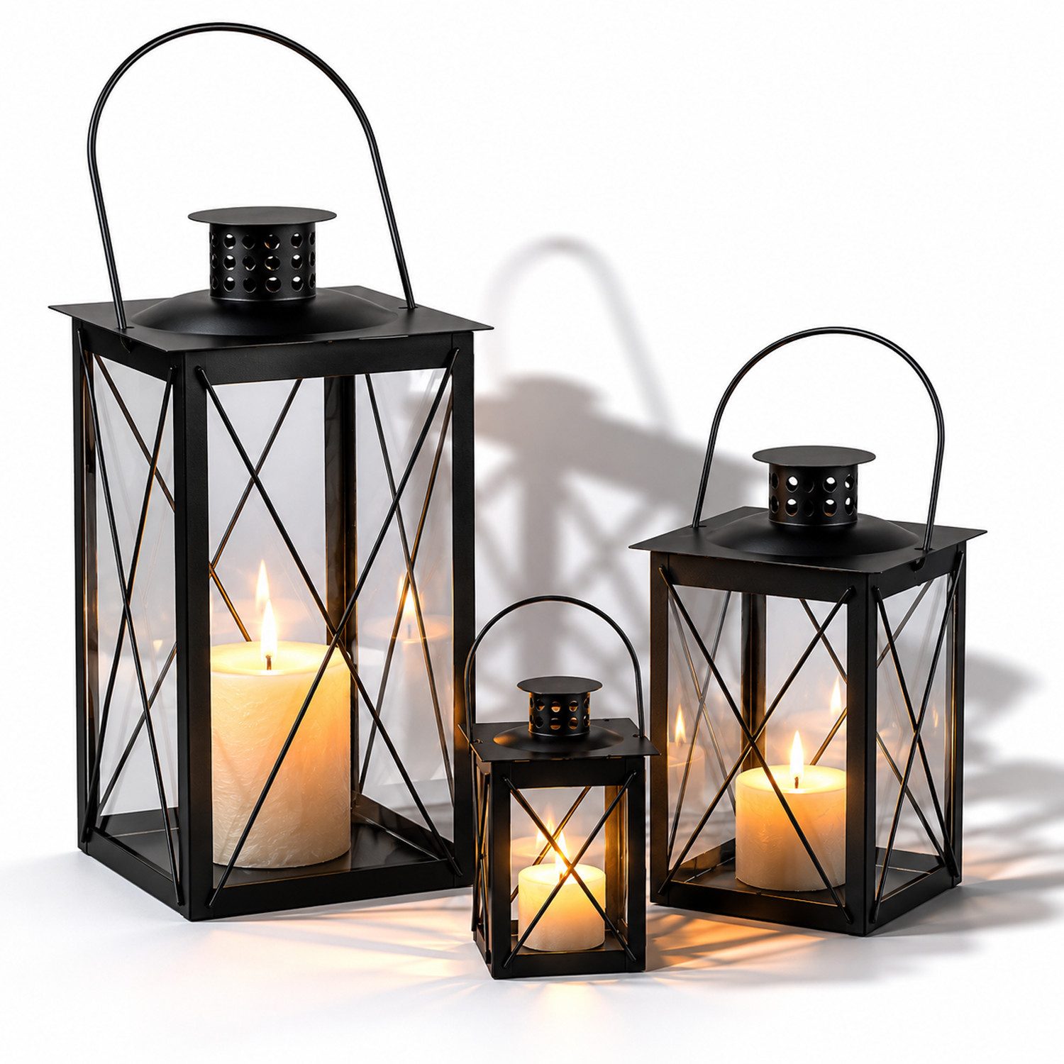 Mojawo Laterne Laternen-Set 3-tlg. aus Metall Schwarz Für Kerzen LED-Kerzen und Deko