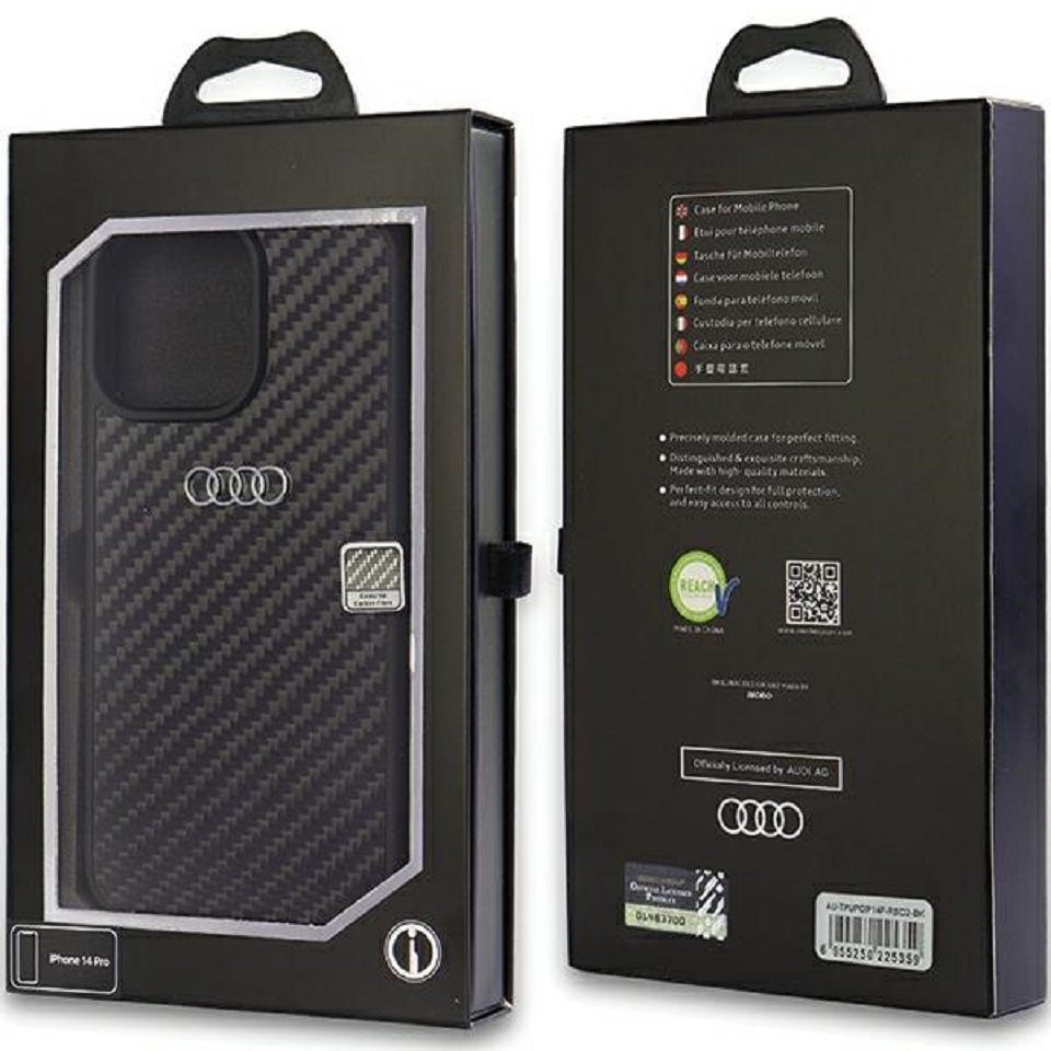 Audi Handyhülle Case iPhone 14 Pro Carbon Optik schwarz silber 6,1 Zoll, Kantenschutz