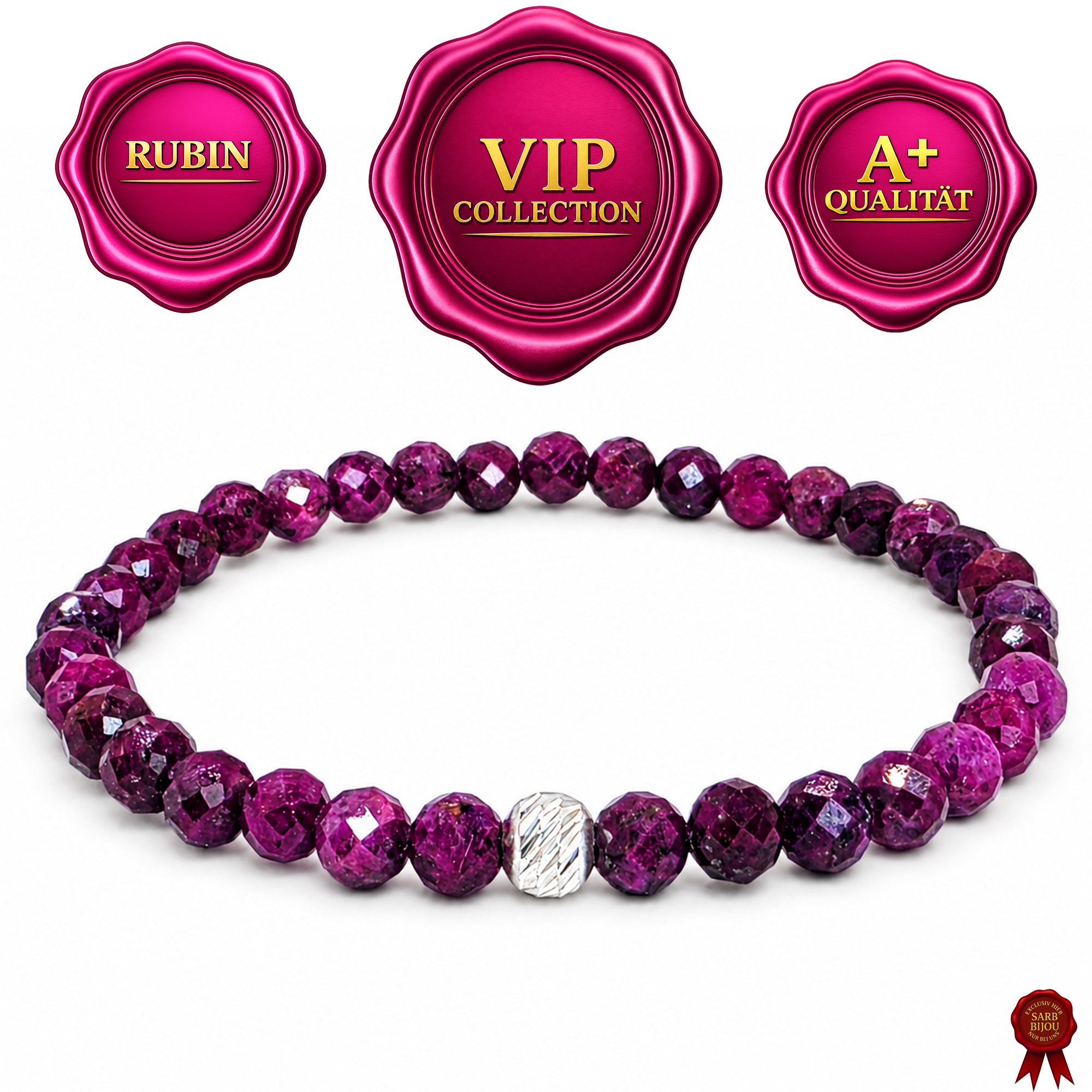 M-Punkt24 Armband Damen Armband 100% Echter Edelstein (Echter Rubin, 5 mm, Natur, 925 Echt-Silber-Verschluss), Gummizug, inkl. Etui, SONDERPREIS wegen Produkt-Neuheit