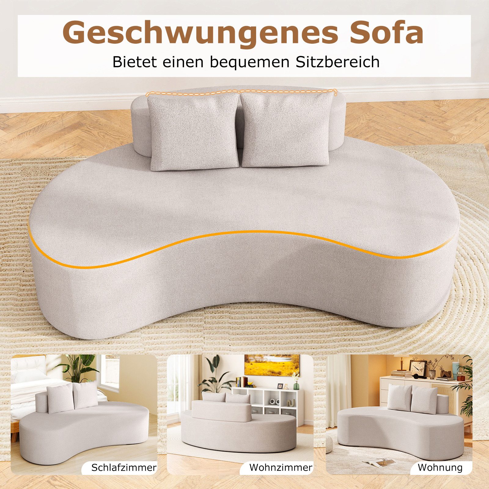 KOMFOTTEU Sofa, Schlafsofa, gebogenes Sofa mit 2 Kissen & niedrige Rückenlehne