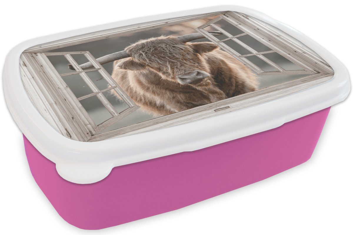 Kinder, (2-tlg), Highlander Brotbox Ansicht, Lunchbox MuchoWow Kunststoff - Schottischer Snackbox, Brotdose - rosa für Mädchen, Erwachsene, Kunststoff, Tier