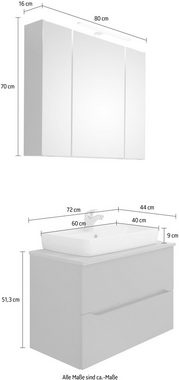 Saphir Badmöbel-Set Quickset 2-teilig, Keramik-Aufsatzbecken mit LED-Spiegelschrank, (2-St), 80 cm breit, 2 Schubladen, 3 Spiegeltüren, 6 Einlegeböden
