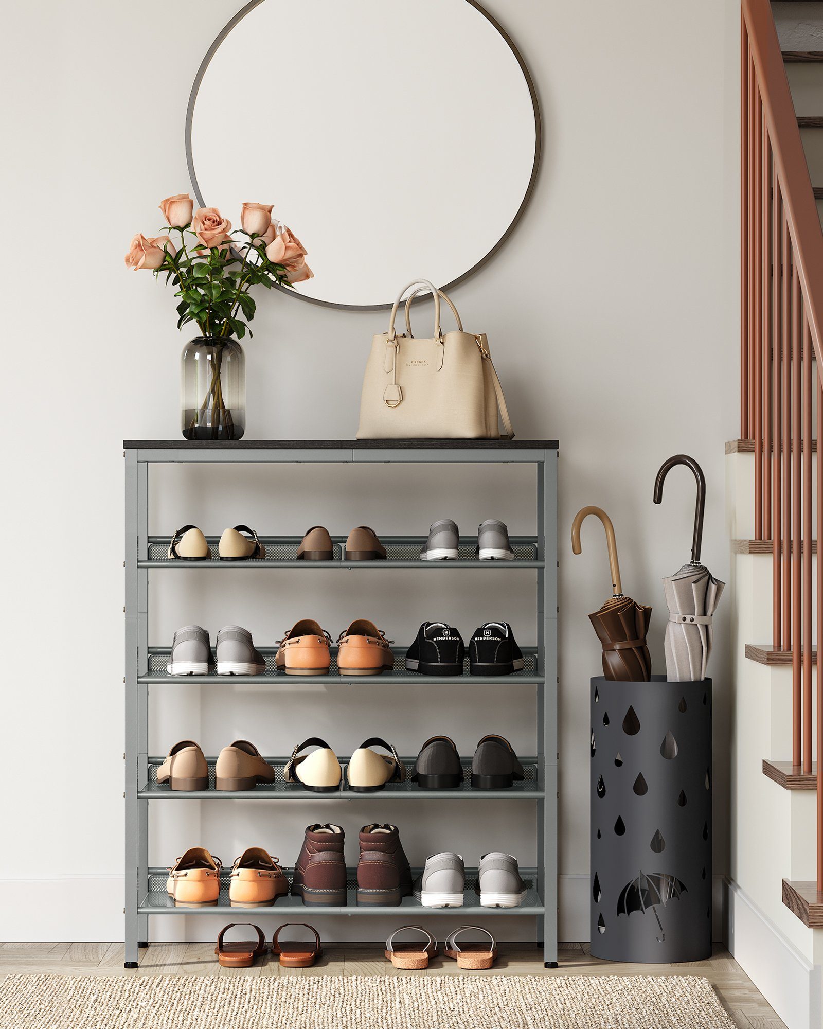 VASAGLE Schuhregal Schuhschrank offen, Schuhablage, für Taschen, Eingangsbereich, Flur, 5-stöckiger, verstellbare Gitterablagen, 28x75x93 cm, große Oberfläche