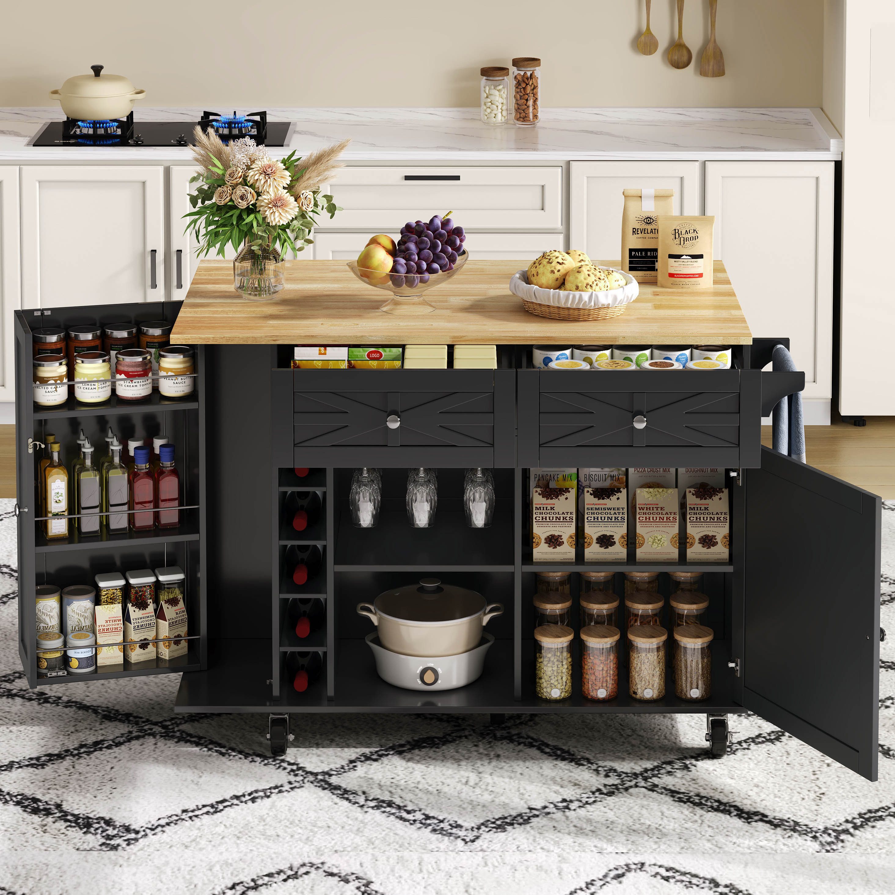 Flieks Küchenwagen mit erweiterbarer Arbeitsplatte, Weinregal und Glashalter, (1 St), Servierwagen Kücheninsel Buffetschrank mit Schubladen&Türregal schwarz